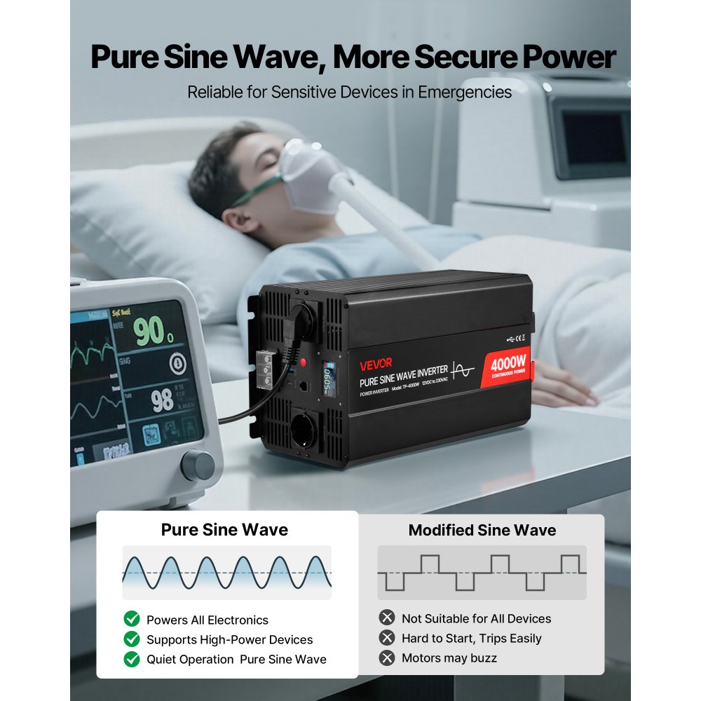 Falownik VEVOR 4000 W, 12 V DC do 230 V AC, czysta fala sinusoidalna, z wyświetlaczem LCD, pilotem, 2 portami USB, 2 gniazdami AC, złączem typu C, do pojazdów kempingowych, ciężarówek, do użytku na zewnątrz