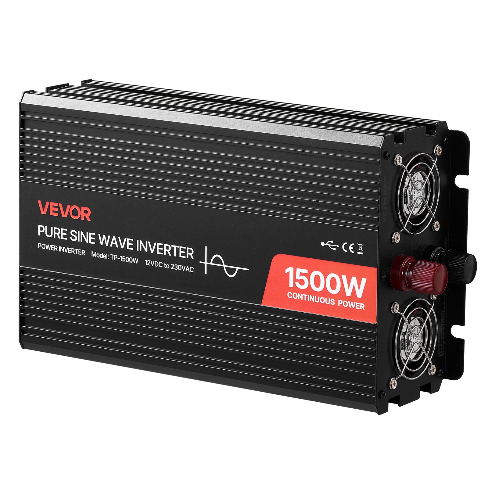 Falownik VEVOR 1500 W, 12 V DC do 230 V AC, czysta fala sinusoidalna, z pilotem, portami USB i typu C, 2 gniazdami AC, szybkie ładowanie dla kamperów, ciężarówek i kempingów