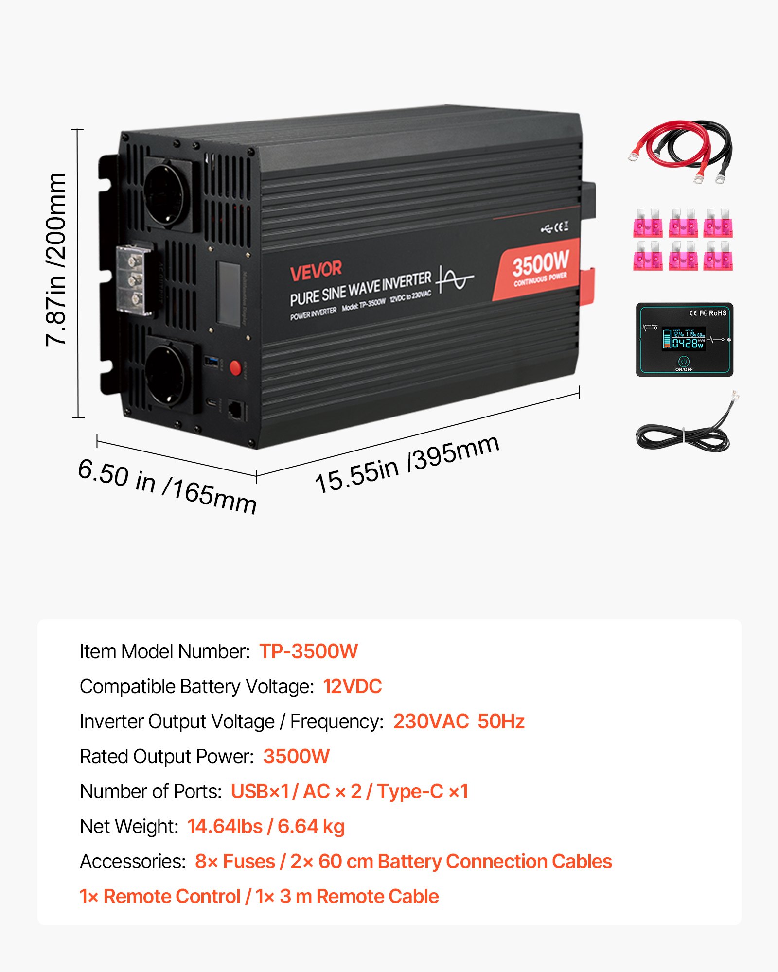 Falownik VEVOR 3500 W, 12 V DC do 230 V AC, falownik sinusoidalny, konwerter ładowarki samochodowej zasilanej energią słoneczną z wyświetlaczem LCD, pilotem, portem USB, 2 gniazdami AC, portem typu C