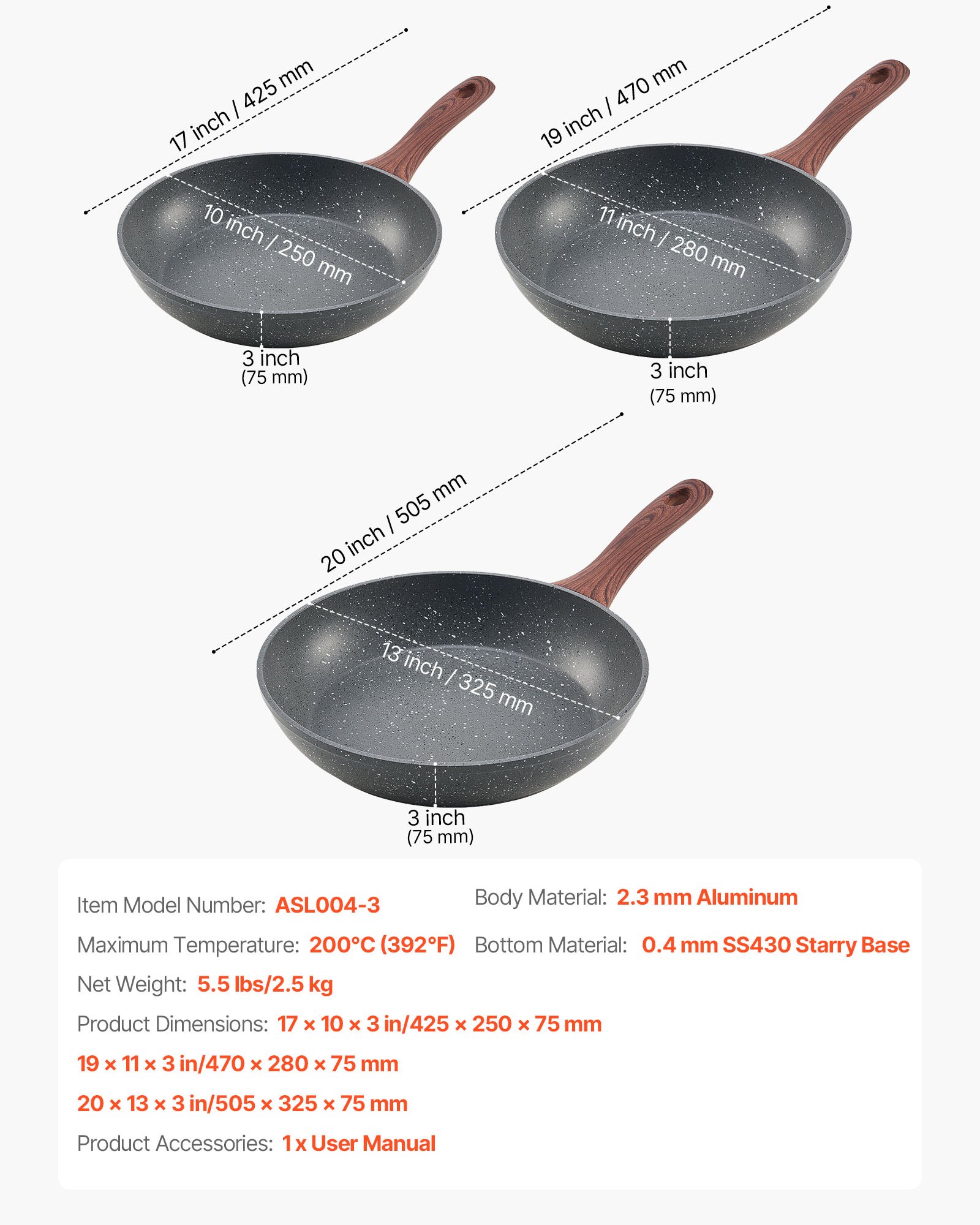VEVOR Frying Pan Skillet, Aluminum Egg Fry Pans, 3 Piece Set (250, 280, 325 mm), Nonsitck Heavy-Duty Skillets with Heat-Resistant Handle, Chef's Kitchen Cookware, for Gas, Electric, Induction, Grey