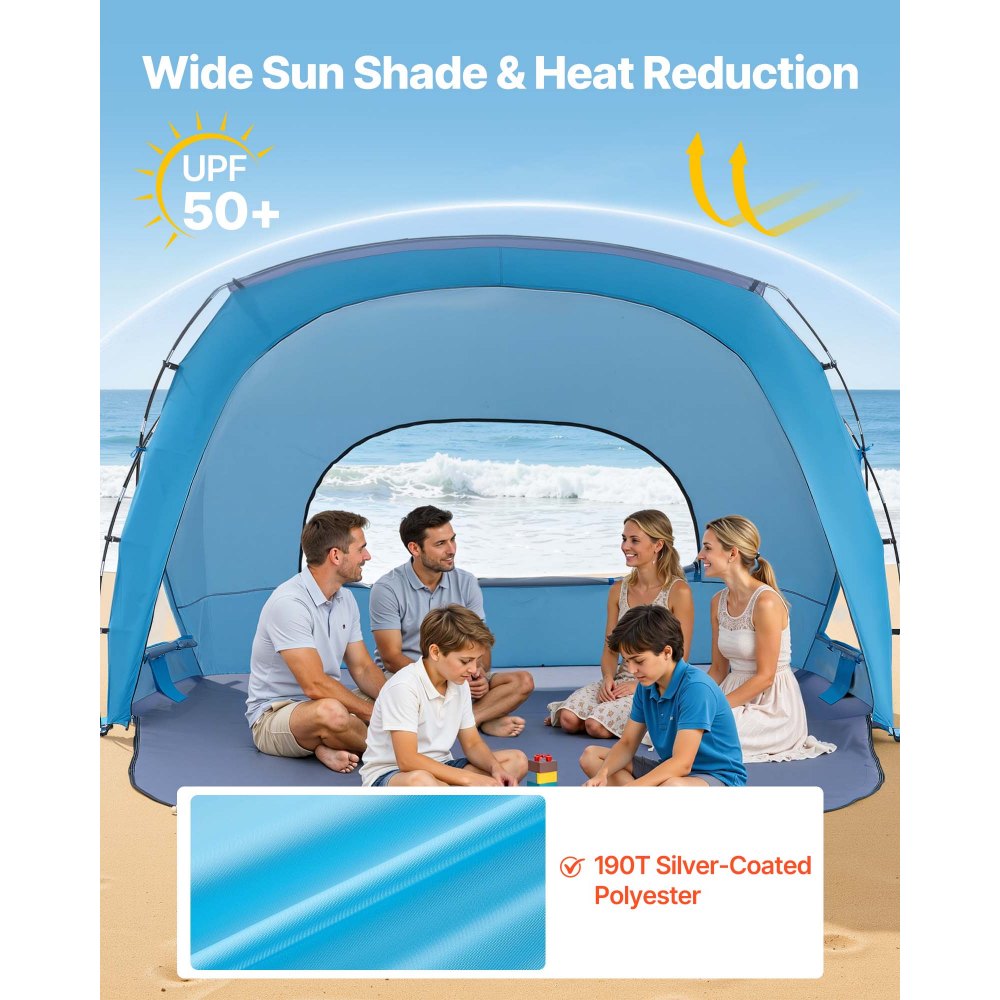 VEVOR Beach Shelter Parasol przeciwsłoneczny dla 6 osób, ochrona UPF 50+, przenośny namiot plażowy z torbą transportową i kotwami gruntowymi, wytrzymały parasol plażowy na kemping, wędkowanie, piknik, namiot przeciwsłoneczny