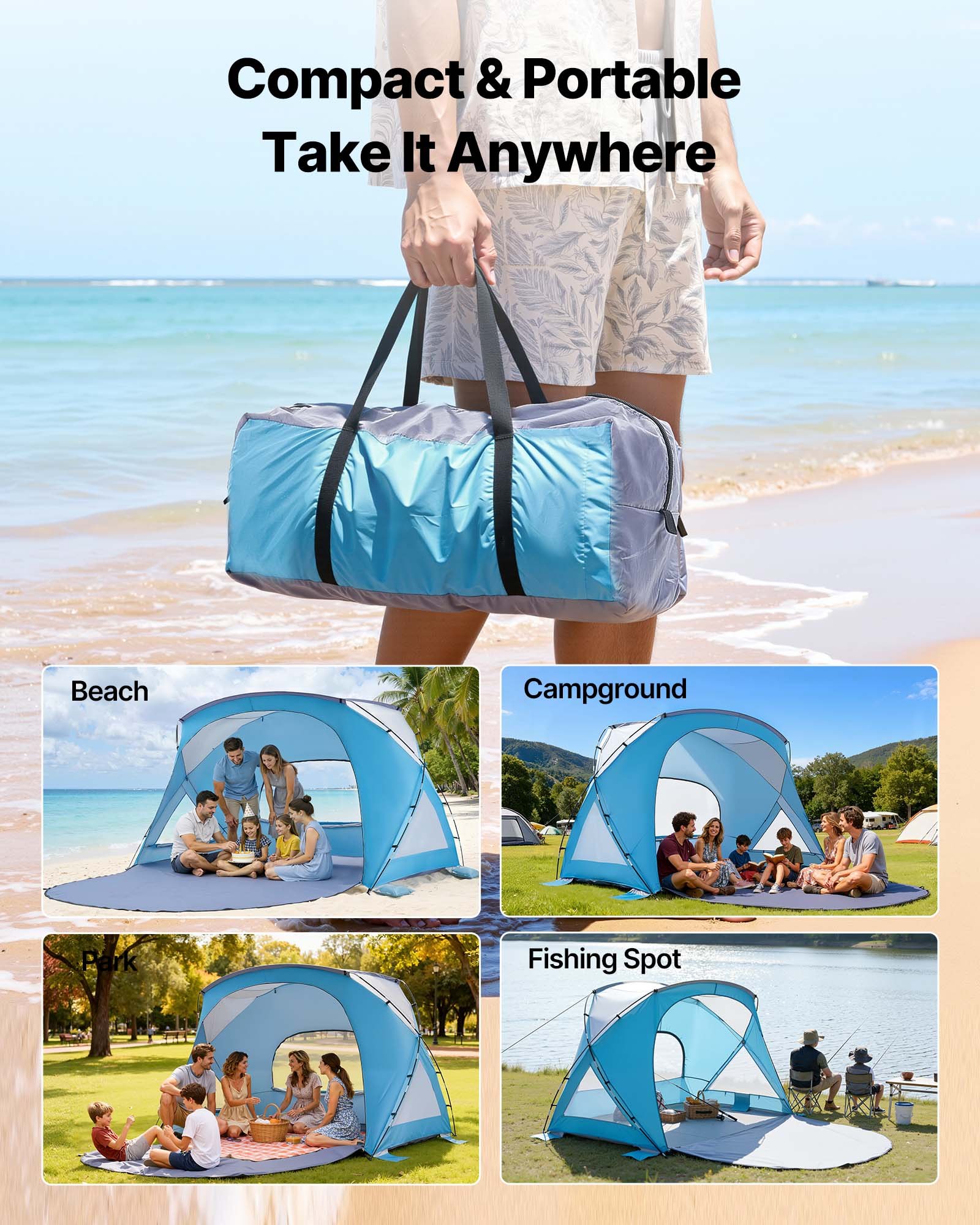 VEVOR Beach Shelter Parasol przeciwsłoneczny dla 6 osób, ochrona UPF 50+, przenośny namiot plażowy z torbą transportową i kotwami gruntowymi, wytrzymały parasol plażowy na kemping, wędkowanie, piknik, namiot przeciwsłoneczny