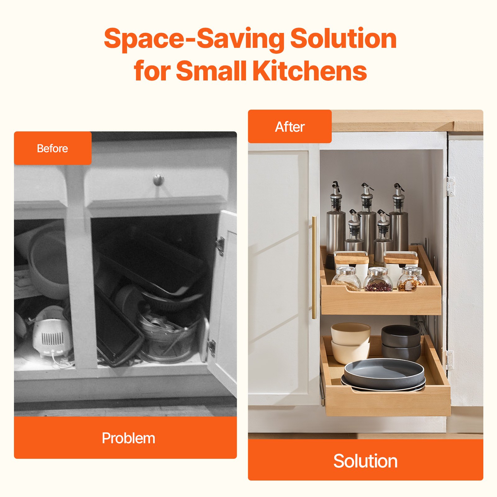 VEVOR Rozkładana, dwupoziomowa półka do szafki na ubrania z organizerem (315 x 533 x 76 mm) z mechanizmem cichego zamykania, drewnianym dnem i bocznymi uchwytami do szuflad, do kuchni i łazienki