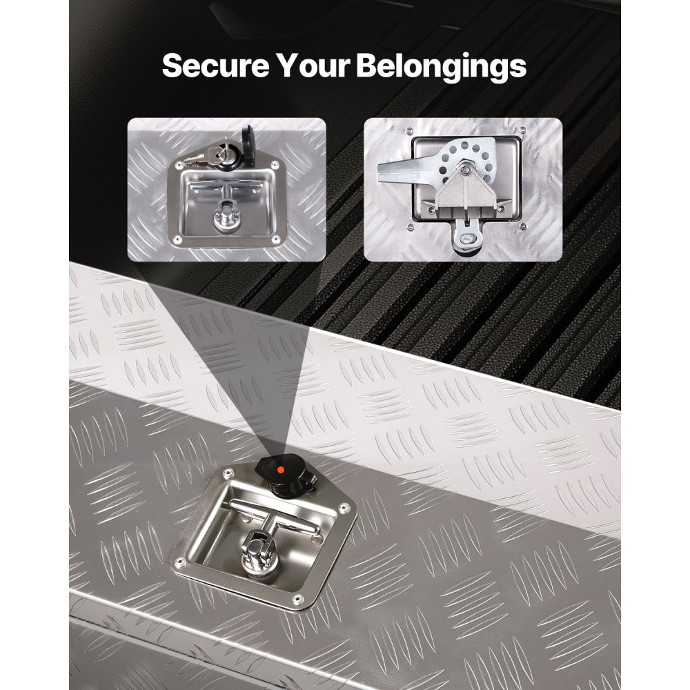 Skrzynia narzędziowa VEVOR z aluminium do przyczepy ciężarowej, w paski (762 x 330,2 x 330,2 mm) z uchwytem bocznym i kluczykiem T-Lock, organizer do przechowywania w przyczepie, srebrna