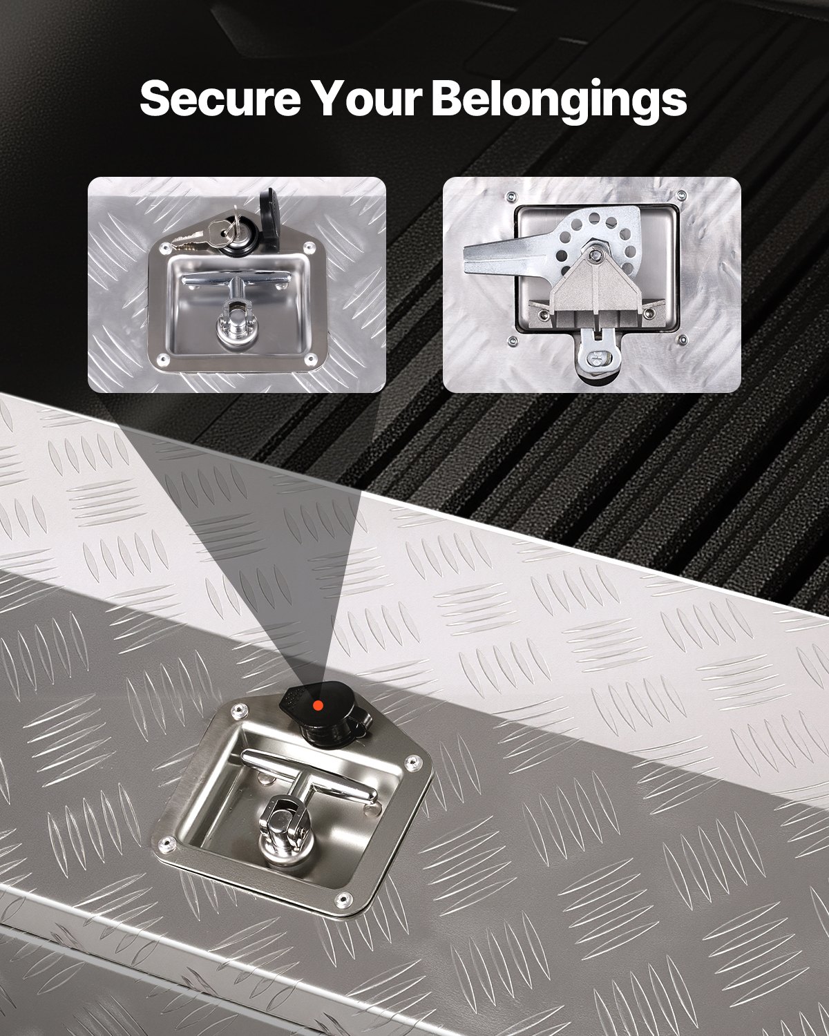 Skrzynia narzędziowa VEVOR z aluminium do przyczepy ciężarowej, w paski (762 x 330,2 x 330,2 mm) z uchwytem bocznym i kluczykiem T-Lock, organizer do przechowywania w przyczepie, srebrna