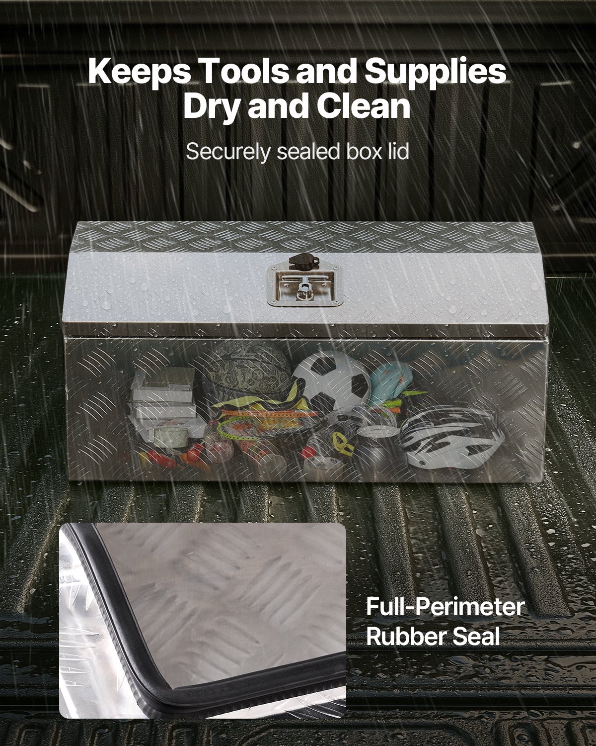 Skrzynia narzędziowa VEVOR z aluminium do przyczepy ciężarowej, w paski (762 x 330,2 x 330,2 mm) z uchwytem bocznym i kluczykiem T-Lock, organizer do przechowywania w przyczepie, srebrna