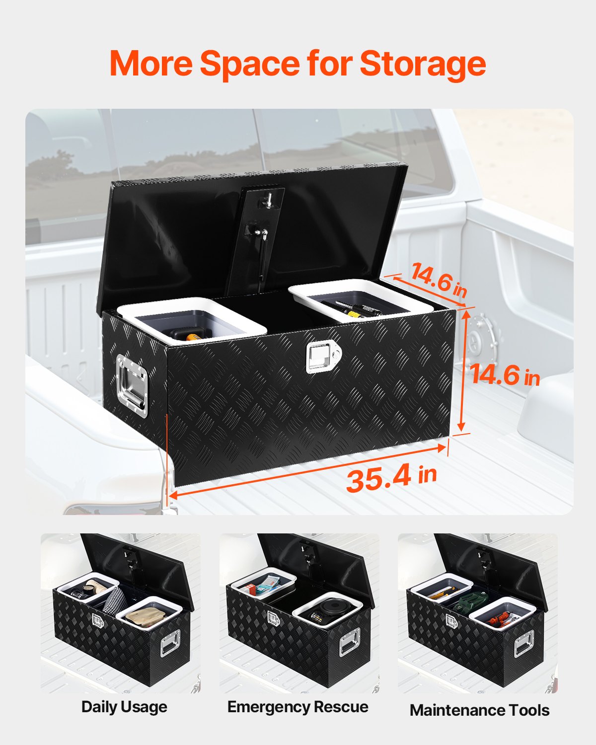 Skrzynia narzędziowa VEVOR z aluminium do przyczepy ciężarowej, w paski (899 x 370 x 370 mm) z uchwytem bocznym i wysuwaną półką, organizer do przechowywania w przyczepie, czarna