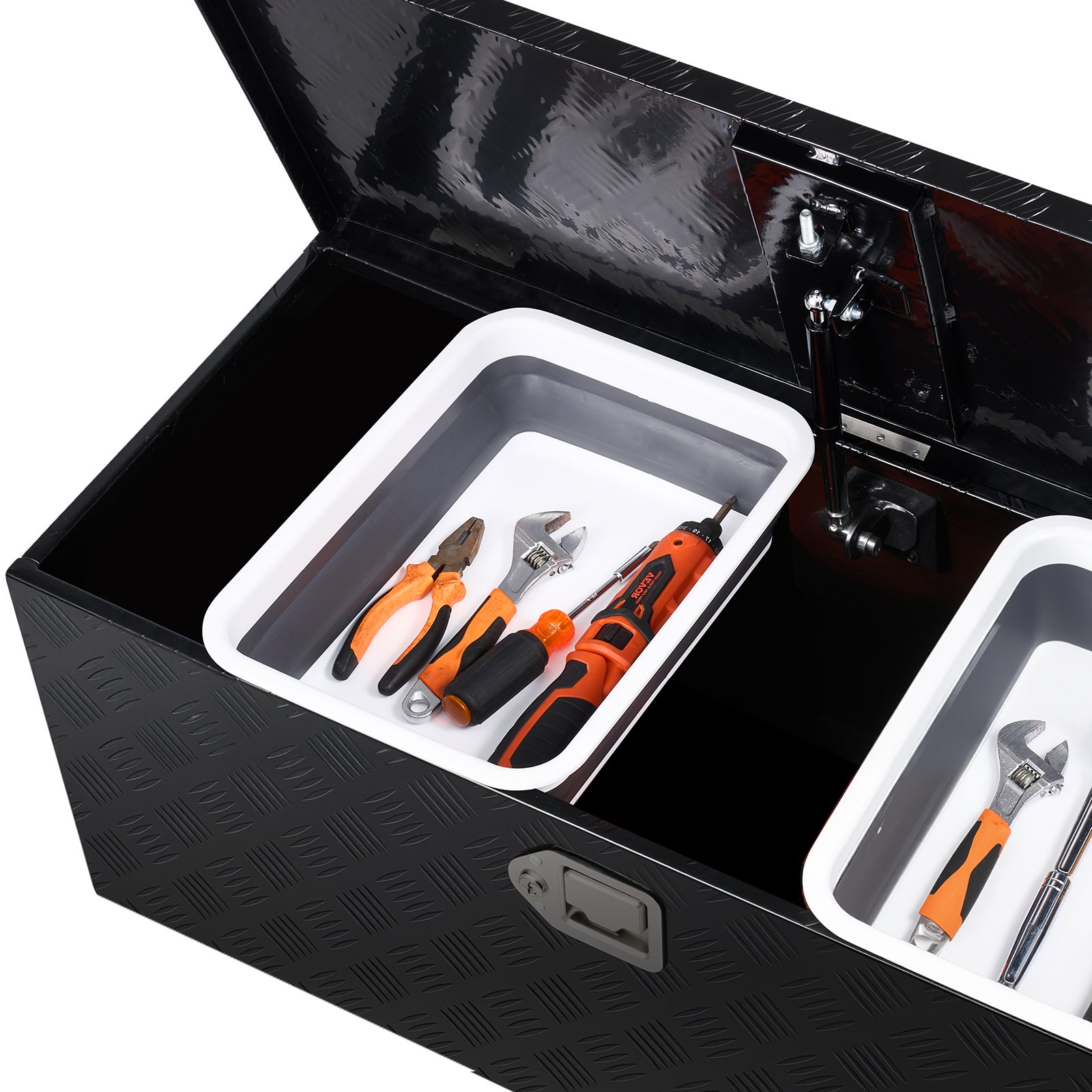 Skrzynia narzędziowa VEVOR z aluminium do przyczepy ciężarowej, w paski (899 x 370 x 370 mm) z uchwytem bocznym i wysuwaną półką, organizer do przechowywania w przyczepie, czarna
