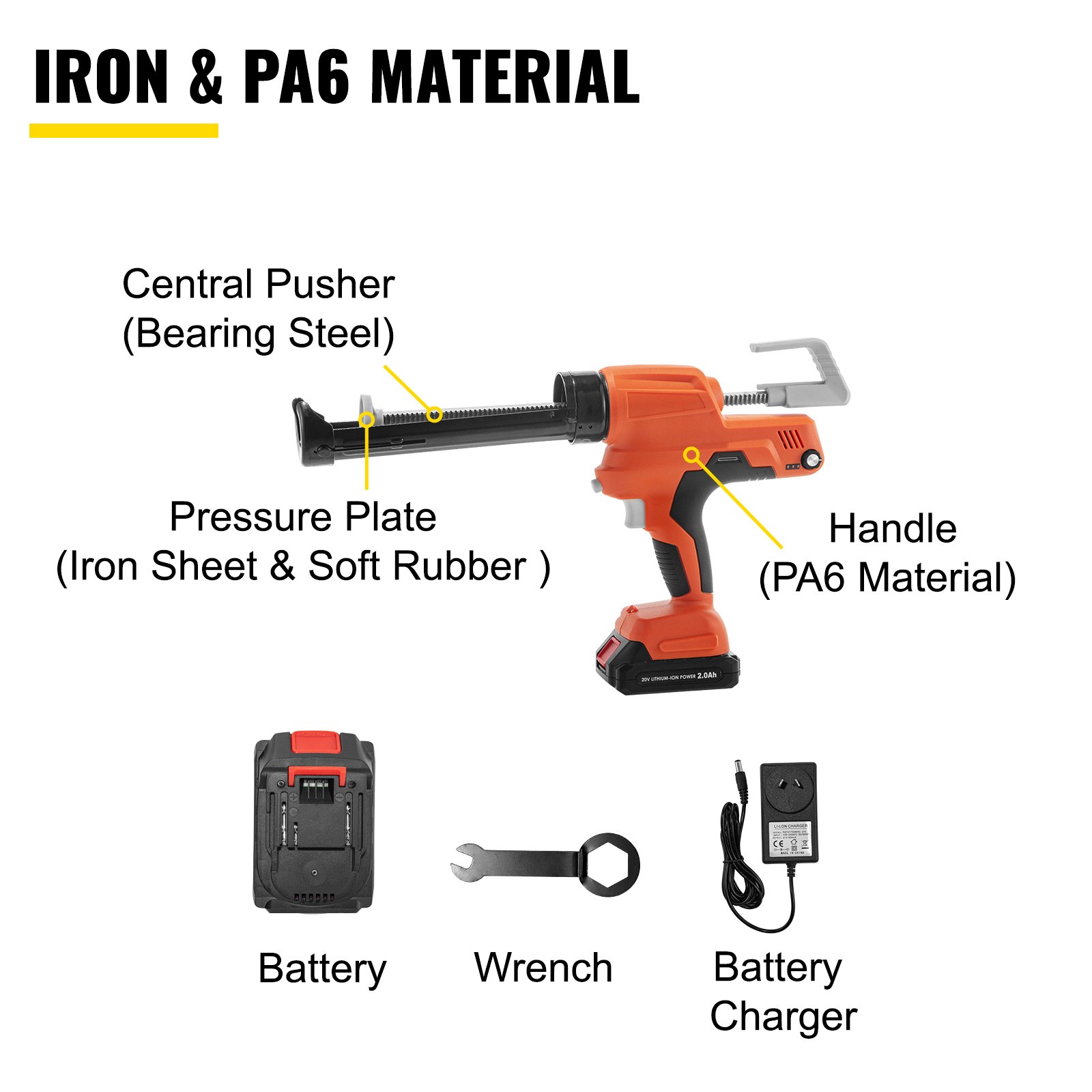 Pistolet do uszczelniania kiełbas VEVOR, 6500 N Pistolet do uszczelniania silikonem, bezprzewodowy pistolet do uszczelniania 10 uncji, 600 ml, 57 x 24 x 7,5 cm, wykonany z żelaza PA6, 5,1 kg, 20 V, do wypełniania pęknięć, szczelin, szkła, ceramiki