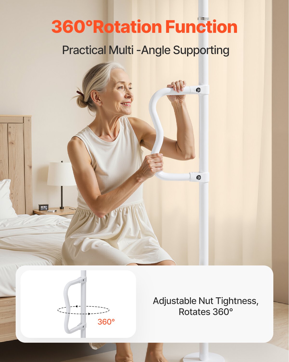 VEVOR Poręcz bezpieczeństwa sięgająca od podłogi do sufitu, poręcz łazienkowa z antypoślizgową, zakrzywioną rączką, udźwig 136 kg, dla osób starszych, do sufitów o wysokości od 214 do 305 cm, kolor biały