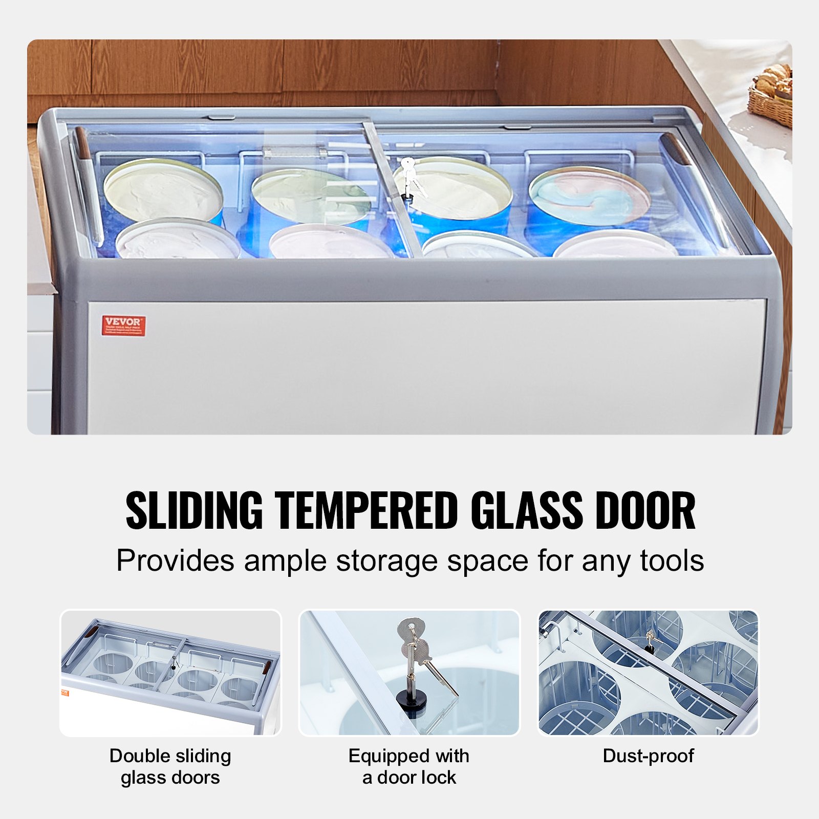 VEVOR Commercial Ice Cream Display Case, 370L Chest Freezer, Mobile Freezer with Glass Shelf, Restaurant Gelato Immersion Cabinet with 8 Large Containers, 2 Sliding Glass Doors, Locking Casters, White