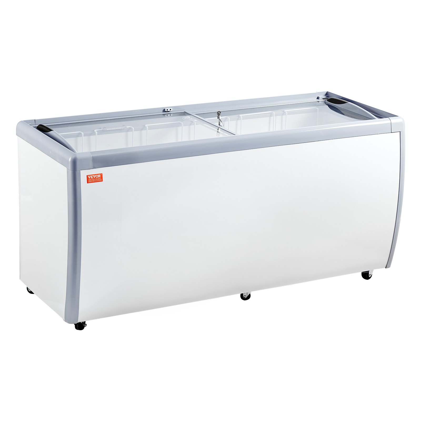 VEVOR Komercyjna witryna do lodów, zamrażarka skrzyniowa o pojemności 567 l, przenośna zamrażarka pionowa ze szklanym blatem, szafka do lodów restauracyjnych z 12 dużymi pojemnikami, 2 przesuwanymi szklanymi drzwiami, kółka z blokadą, biała