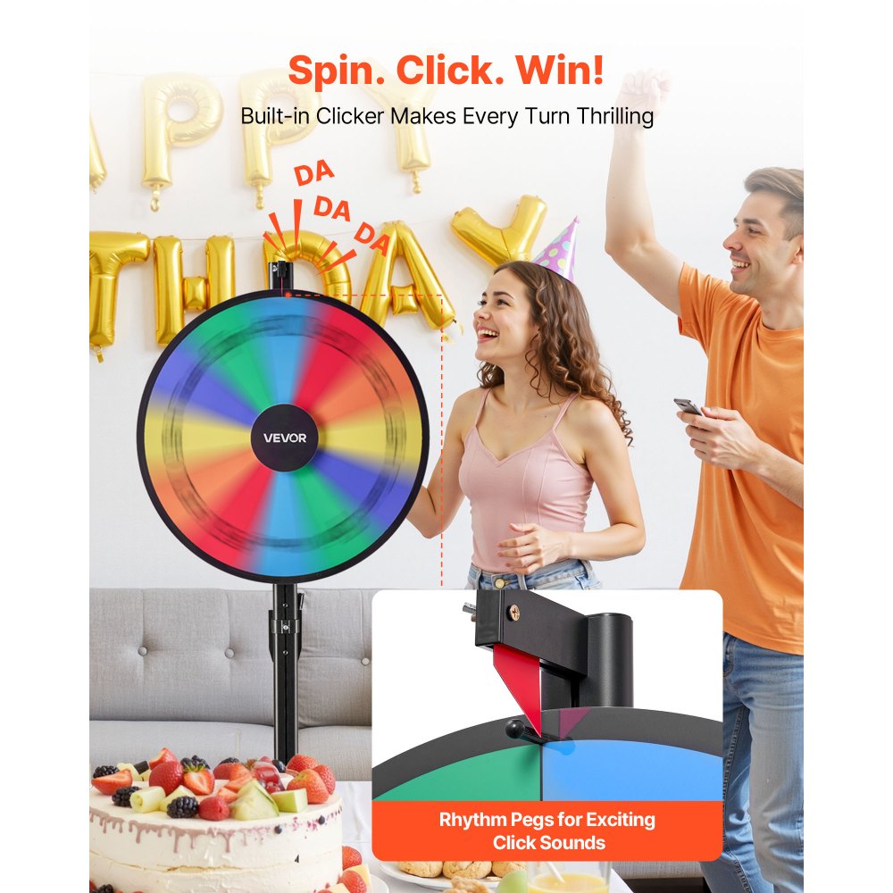 VEVOR 610 mm Spinning Prize Wheel, 12 Slots Spinning Wheel with Stand, Adjustable Height Win Fortune Roulette with a Dry Erase and 2 Markers, 6 Colors, Easy Assembly, for Party Pub Trade Show Carnival