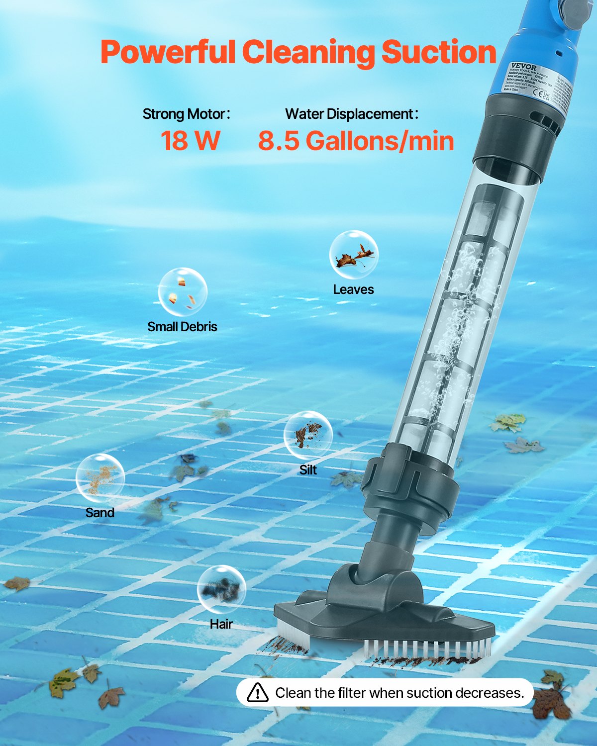 VEVOR Odkurzacz basenowy bezprzewodowy ręczny (32 l/min) do wanien z hydromasażem z drążkiem przedłużającym, odkurzacz basenowy z akumulatorem, działa do 1 godziny, do naziemnych/wpuszczanych w ziemię jacuzzi