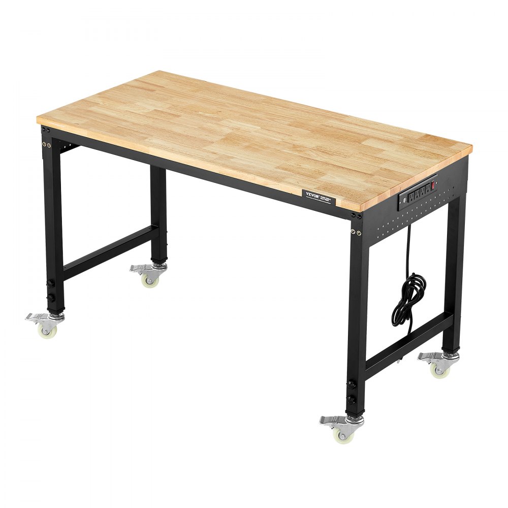 Stół warsztatowy VEVOR 1220x610x711-1003 mm, udźwig 907 kg, stół warsztatowy z gniazdem elektrycznym, kółkami i ścianką perforowaną, solidny stół roboczy z blatem z drewna dębowego do garażu, warsztatu, biura i domu