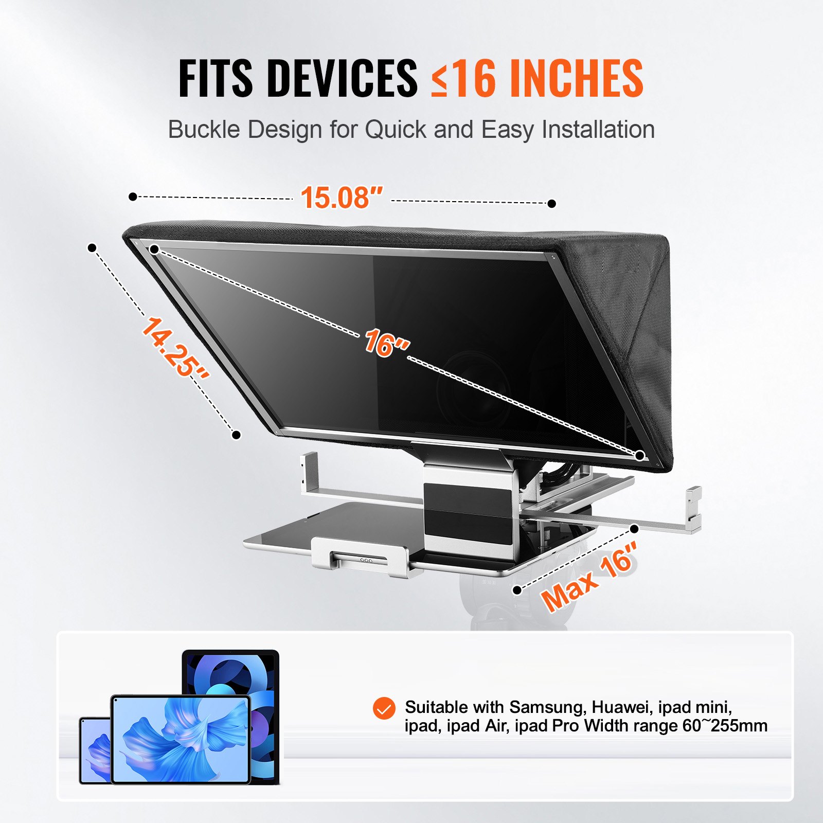 Teleprompter VEVOR, 16-calowy aluminiowy statyw ze spektroskopem o regulowanym kącie, pilot zdalnego sterowania, kompatybilny z systemami iOS/Android, do aparatu, tabletu, smartfona, nagrywania wideo/transmisji na żywo