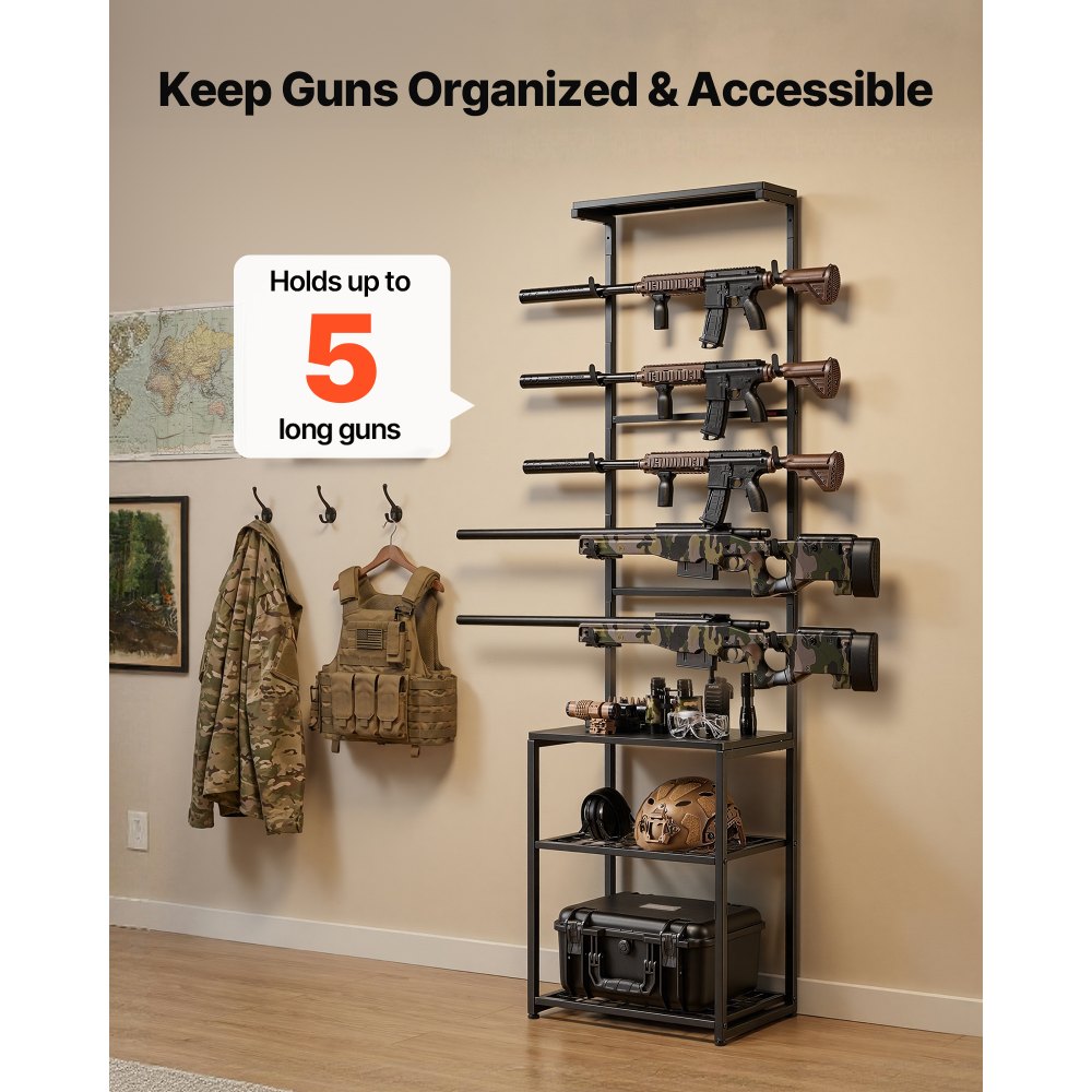 VEVOR Gun Rack, Floor Standing, Indoor Rifle Shotgun Rack Stand with Storage Shelf, for Wall Mount Gun Display Stand, Holds up to 5 Rifles, Heavy Duty Steel, for Home Garage Hunting Long Guns Storage