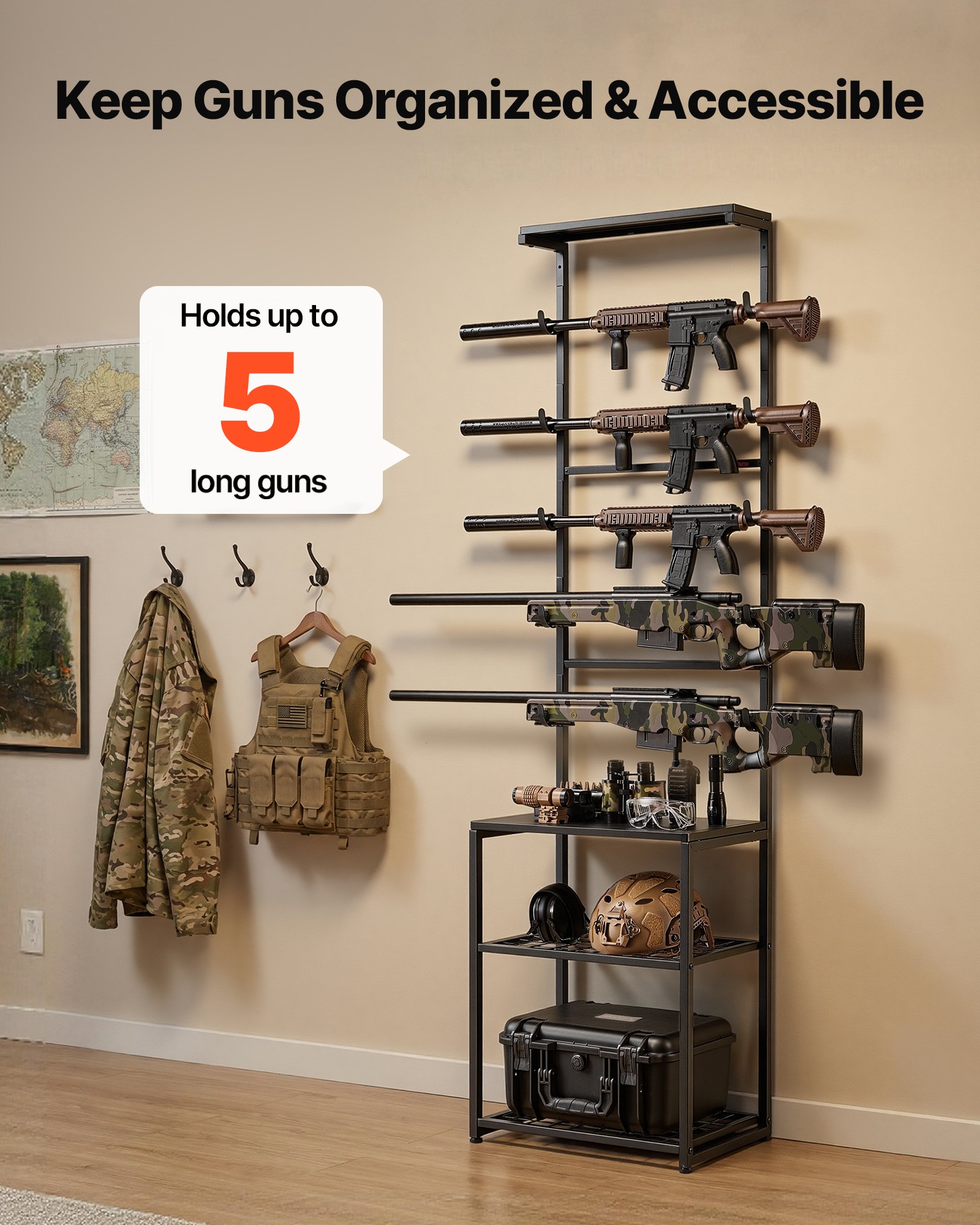VEVOR Gun Rack, Floor Standing, Indoor Rifle Shotgun Rack Stand with Storage Shelf, for Wall Mount Gun Display Stand, Holds up to 5 Rifles, Heavy Duty Steel, for Home Garage Hunting Long Guns Storage