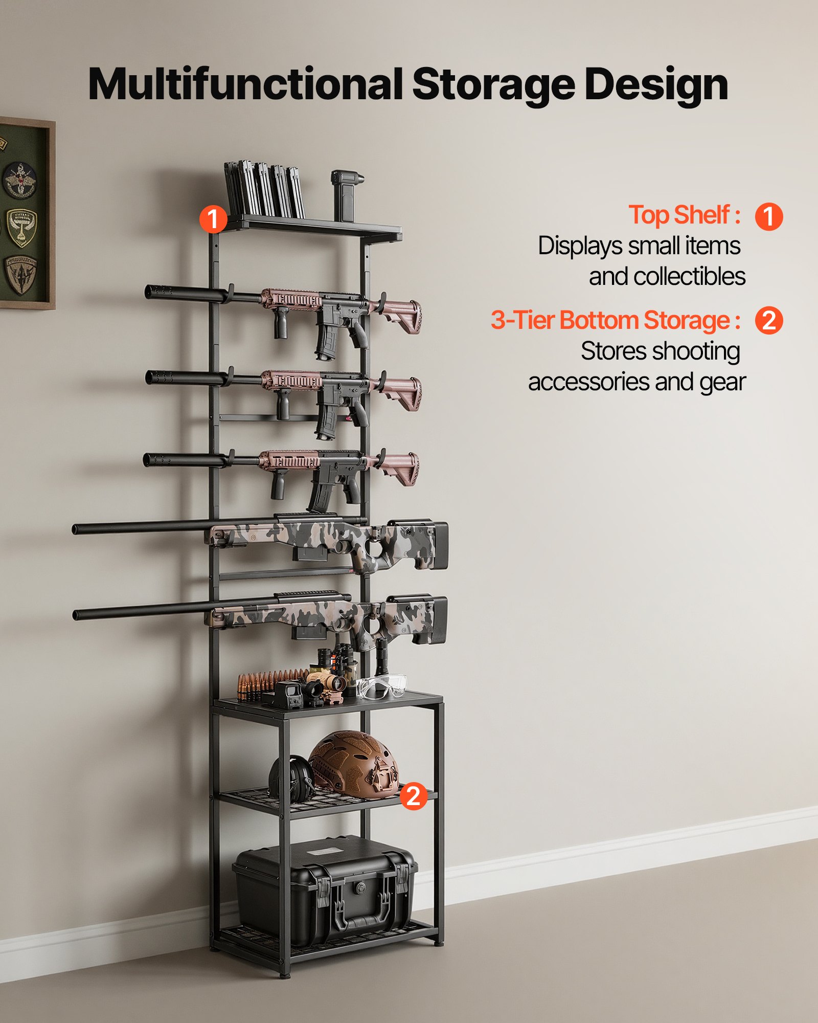 VEVOR Gun Rack, Floor Standing, Indoor Rifle Shotgun Rack Stand with Storage Shelf, for Wall Mount Gun Display Stand, Holds up to 5 Rifles, Heavy Duty Steel, for Home Garage Hunting Long Guns Storage