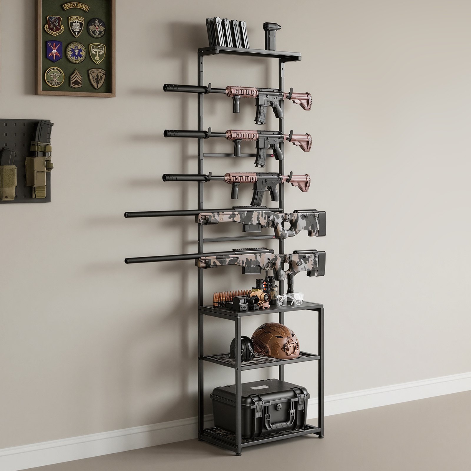 VEVOR Gun Rack, Floor Standing, Indoor Rifle Shotgun Rack Stand with Storage Shelf, for Wall Mount Gun Display Stand, Holds up to 5 Rifles, Heavy Duty Steel, for Home Garage Hunting Long Guns Storage