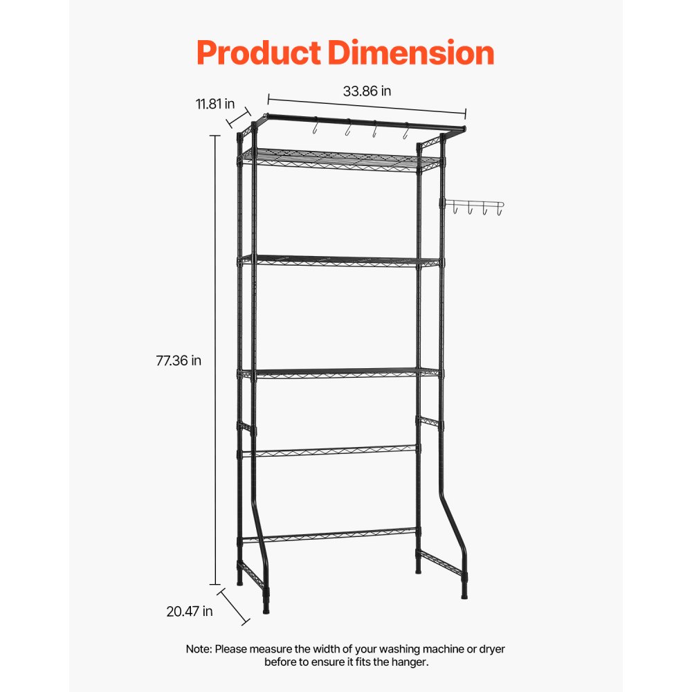 VEVOR Storage Rack for Washing Machine and Dryer, 3-Tier Clothes Rack with Clothes Rail and Hooks, Single Row Adjustable Washing Machine Shelves, for Storage and Organization