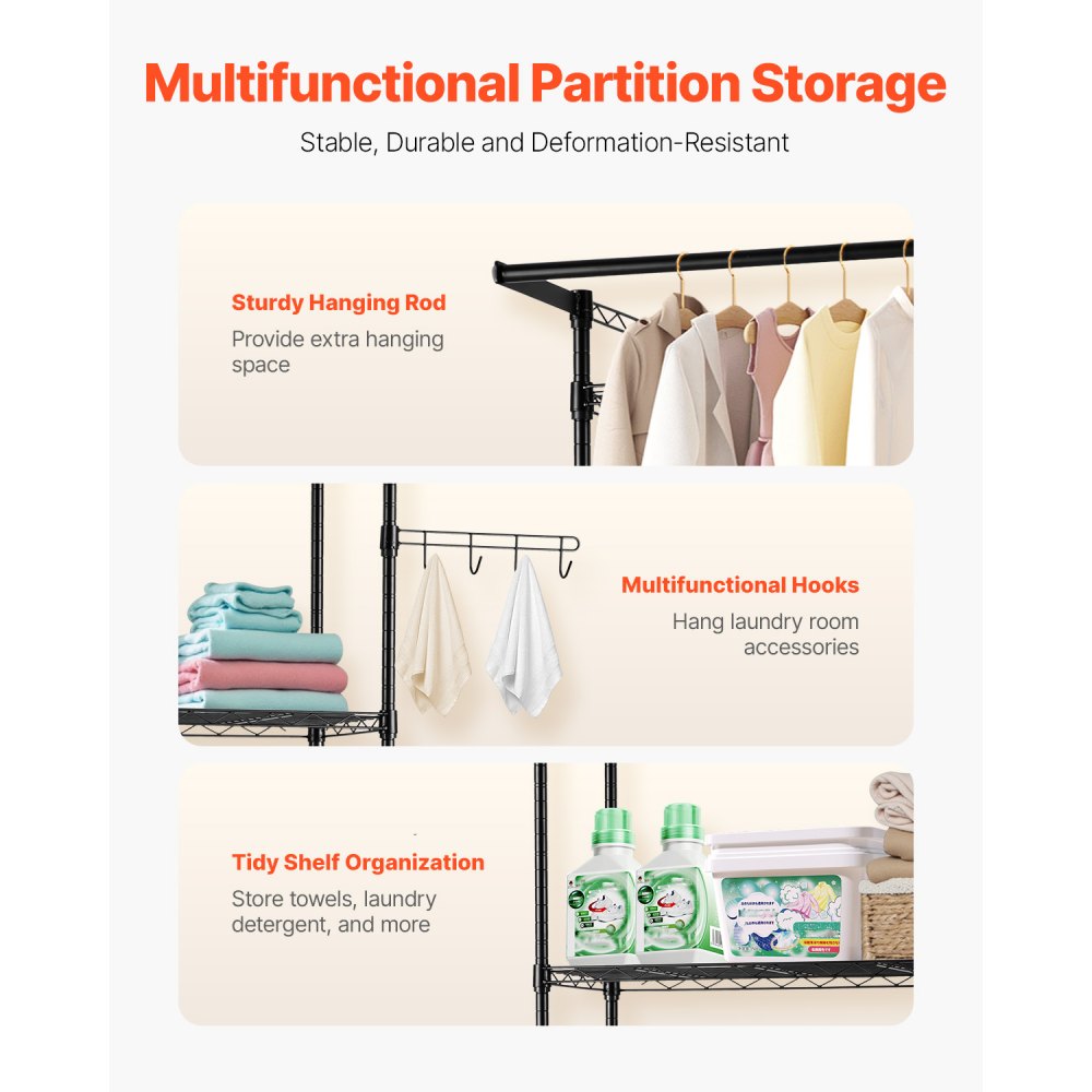 VEVOR Storage Rack for Washing Machine and Dryer, 3-Tier Clothes Rack with Clothes Rail and Hooks, Single Row Adjustable Washing Machine Shelves, for Storage and Organization