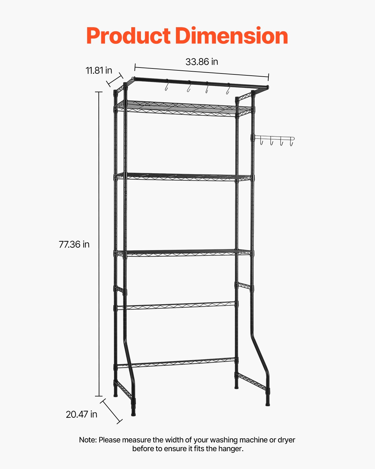 VEVOR Storage Rack for Washing Machine and Dryer, 3-Tier Clothes Rack with Clothes Rail and Hooks, Single Row Adjustable Washing Machine Shelves, for Storage and Organization
