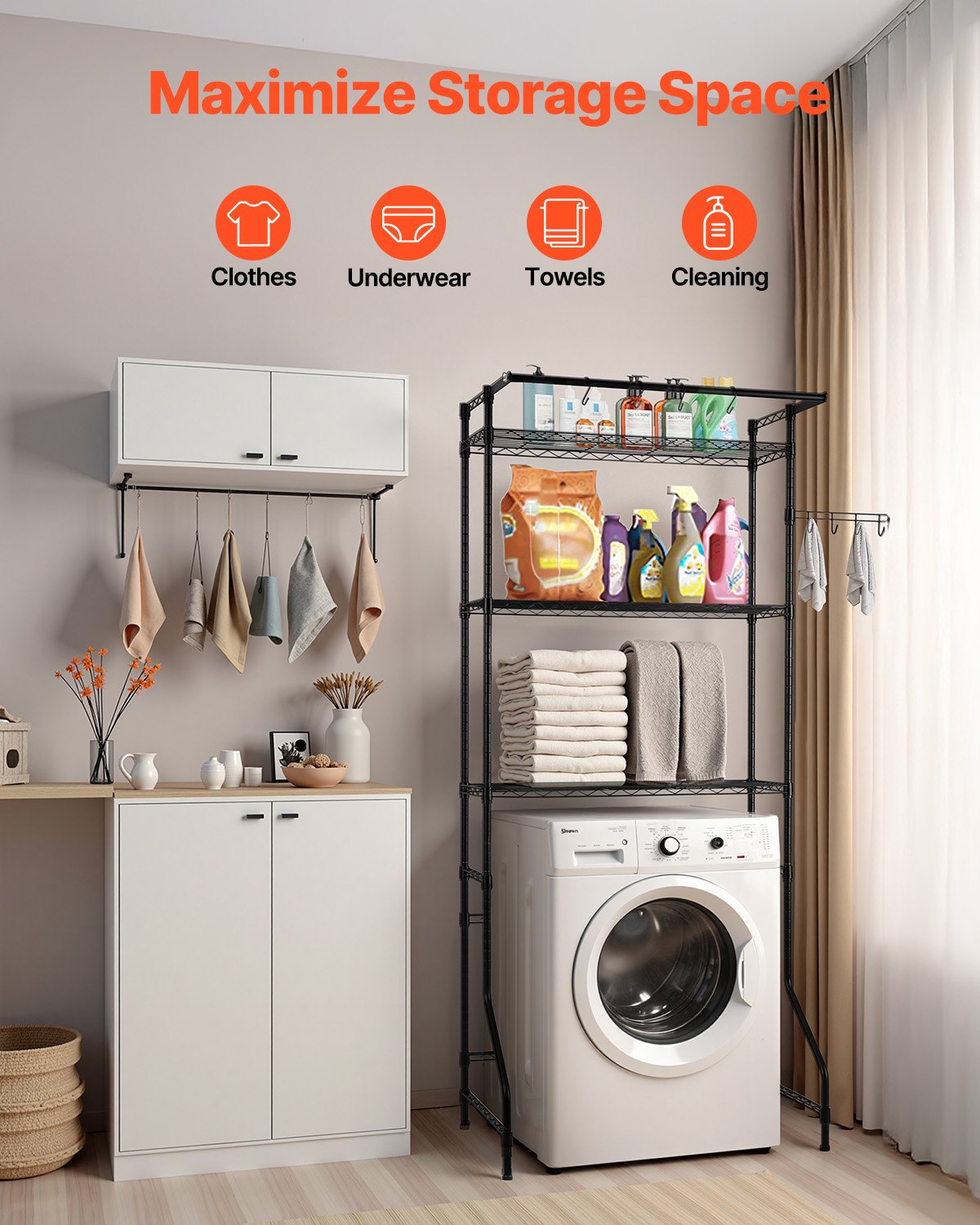 VEVOR Storage Rack for Washing Machine and Dryer, 3-Tier Clothes Rack with Clothes Rail and Hooks, Single Row Adjustable Washing Machine Shelves, for Storage and Organization