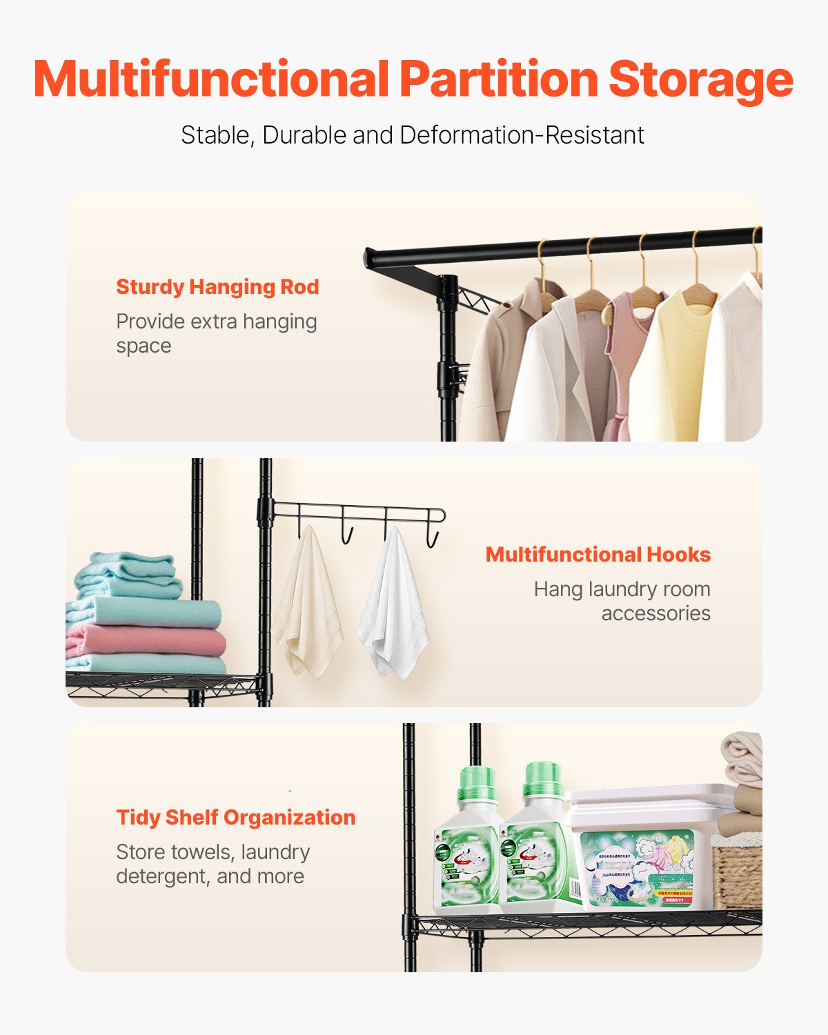 VEVOR Storage Rack for Washing Machine and Dryer, 3-Tier Clothes Rack with Clothes Rail and Hooks, Single Row Adjustable Washing Machine Shelves, for Storage and Organization