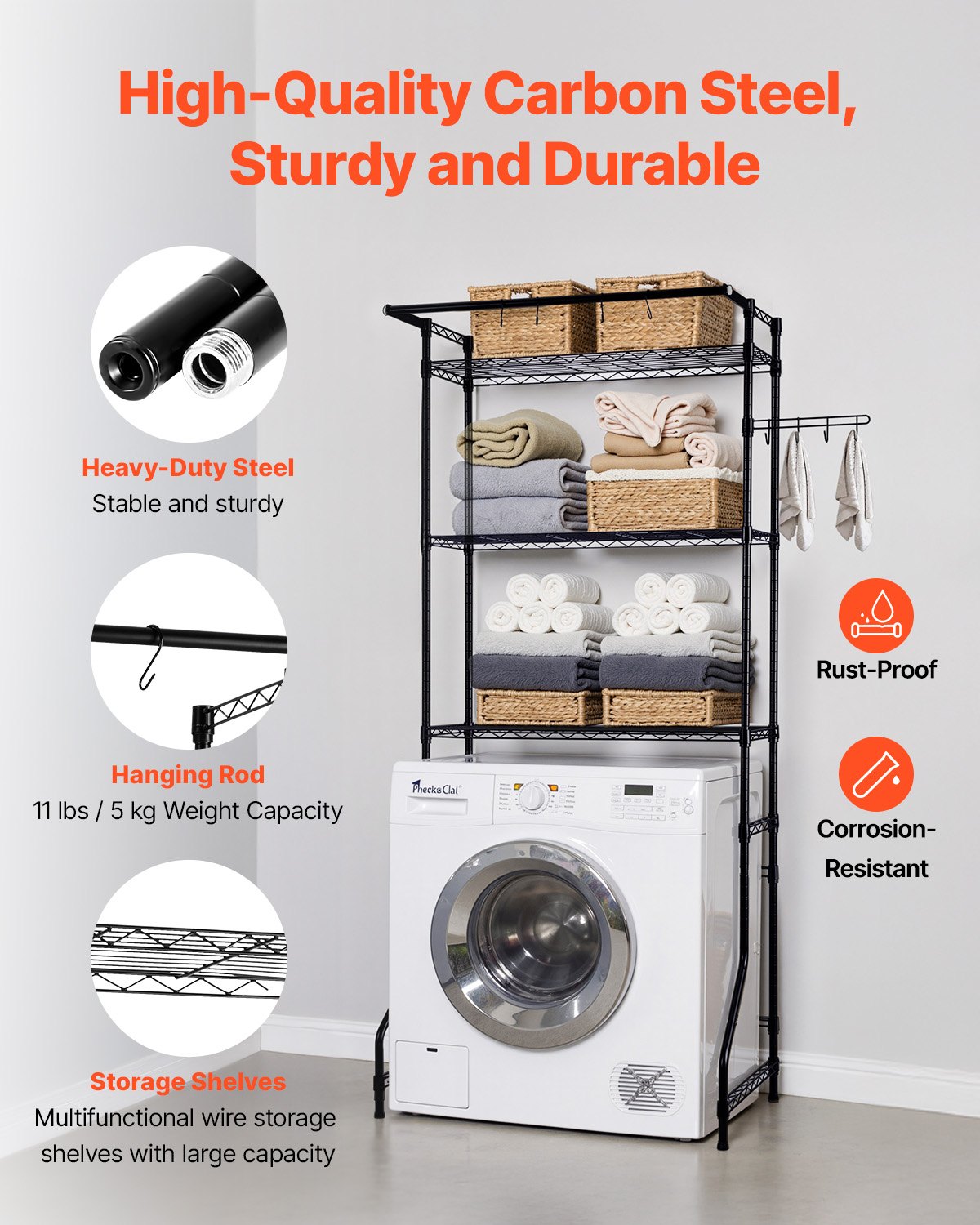 VEVOR Storage Rack for Washing Machine and Dryer, 3-Tier Clothes Rack with Clothes Rail and Hooks, Single Row Adjustable Washing Machine Shelves, for Storage and Organization