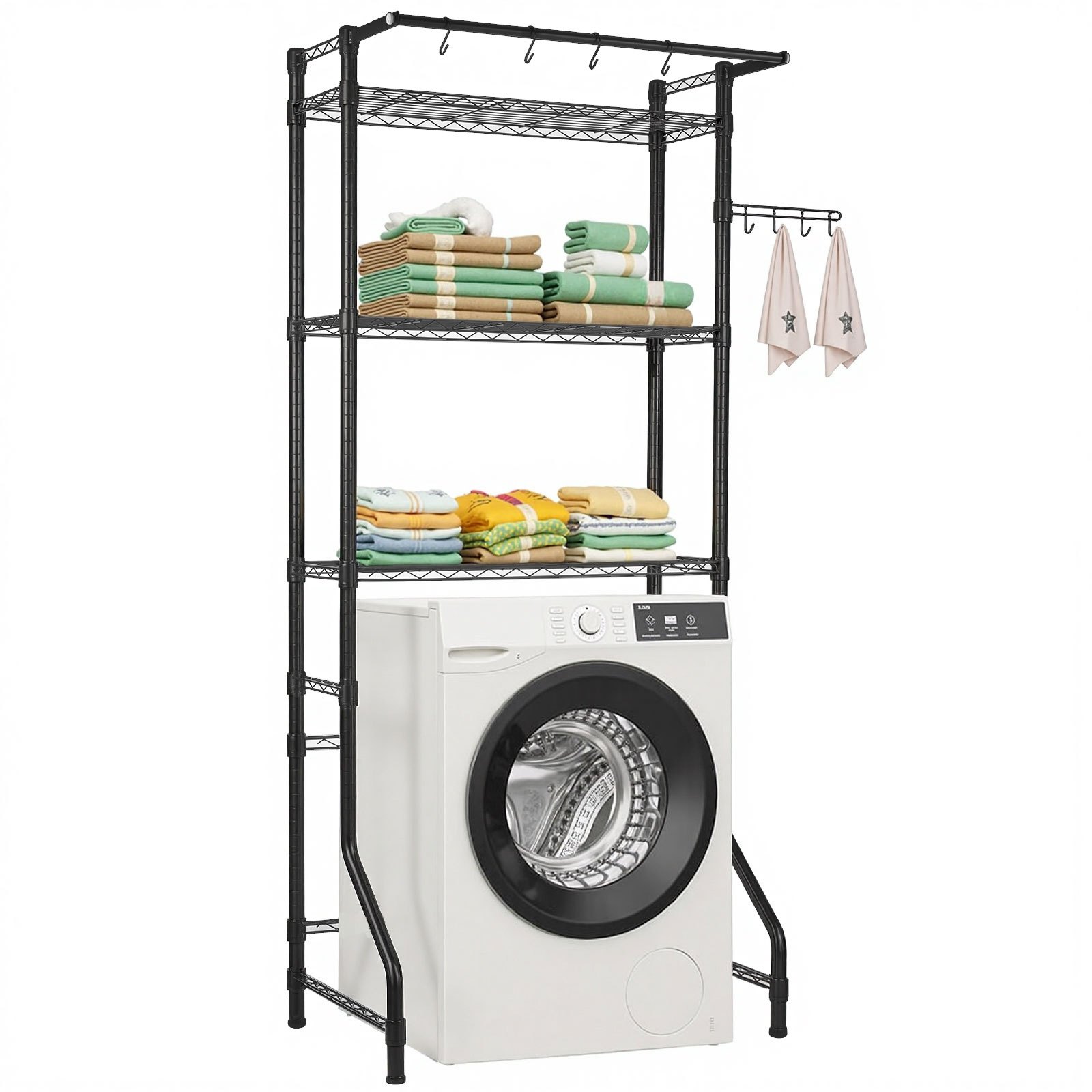 VEVOR Storage Rack for Washing Machine and Dryer, 3-Tier Clothes Rack with Clothes Rail and Hooks, Single Row Adjustable Washing Machine Shelves, for Storage and Organization