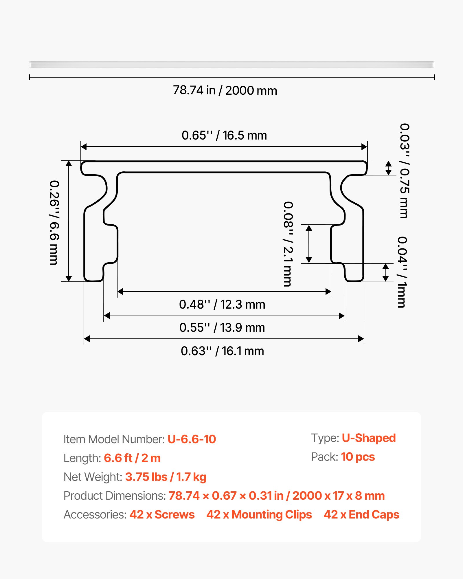 Profile LED VEVOR, 10 szt., 2 m, anodowane profile aluminiowe z mleczną osłoną, zaślepki i klipsy montażowe, kanały, dyfuzor do taśm LED, idealne do blatów pod szafkami, kształt litery U