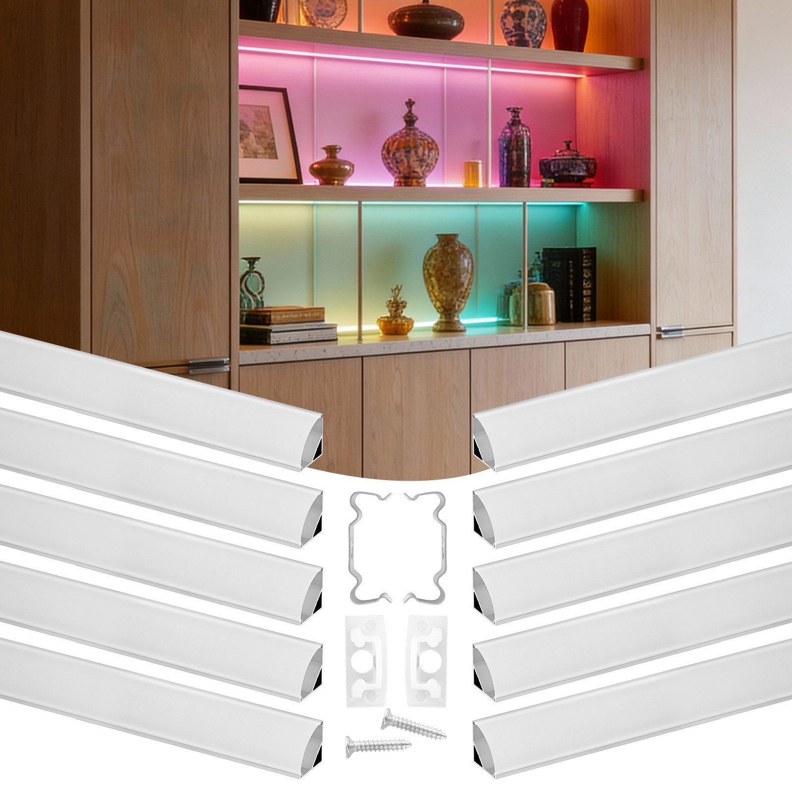 Profil LED VEVOR, 10 szt., 2 m, anodowany profil aluminiowy z mleczną osłoną, zaślepki i klipsy montażowe, kanały, dyfuzor do taśm LED, idealny do blatów pod szafkami, kształt litery V