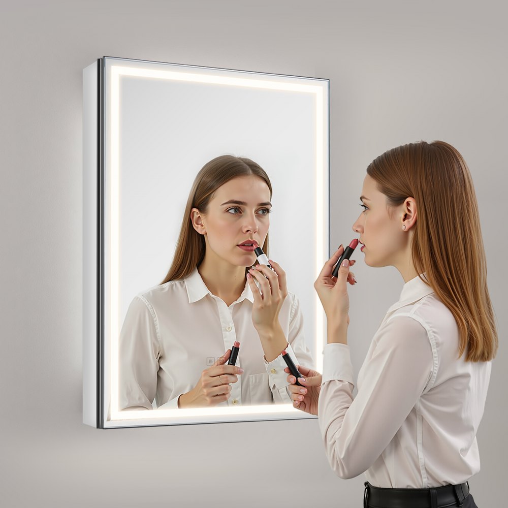 Szafka łazienkowa VEVOR z oświetleniem LED i lustrem (50 x 70 cm), wpuszczana lub montowana na ścianie, z 3-kolorową ściemnialną lampką, z oświetleniem podłogowym i regulowanymi półkami