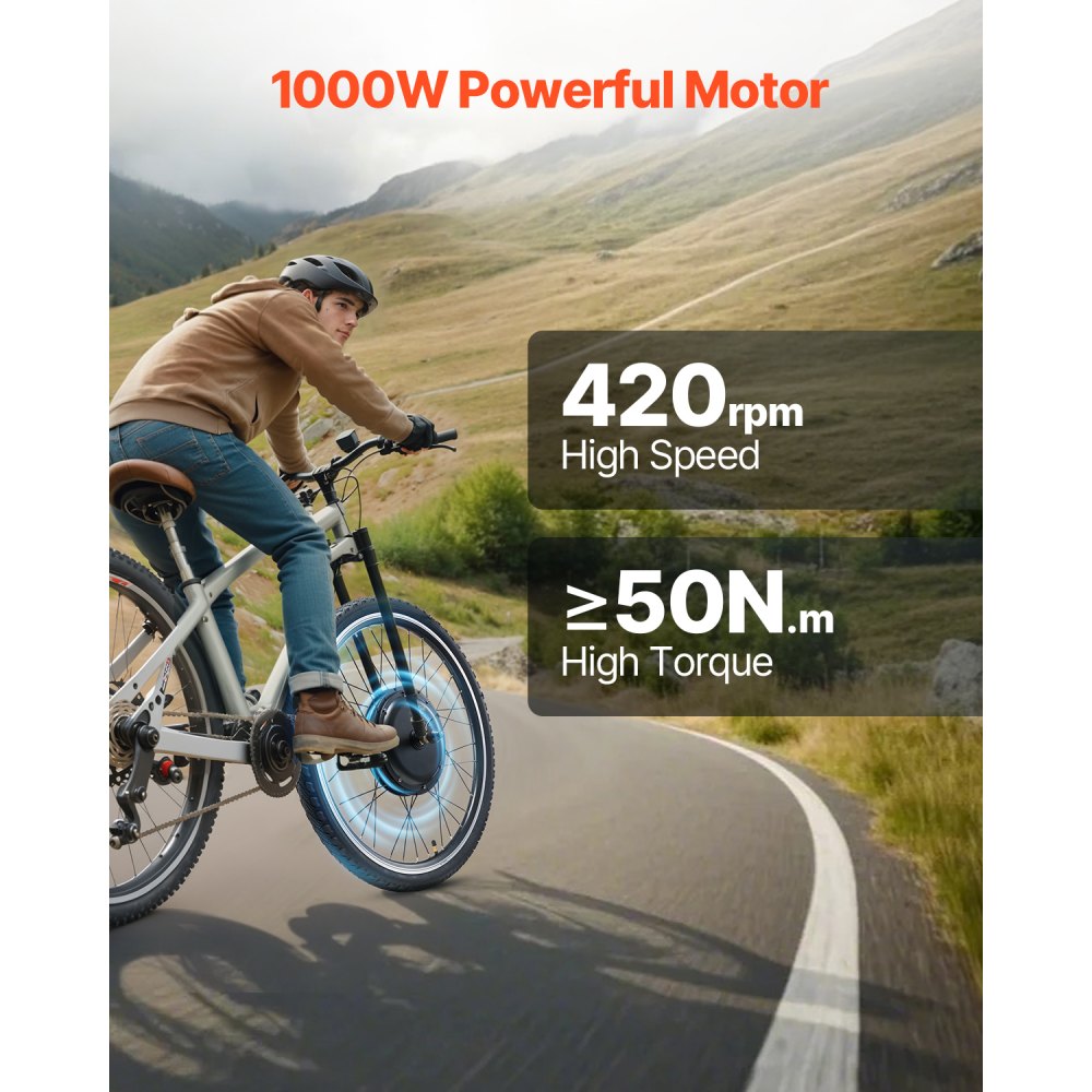 Zestaw do roweru elektrycznego VEVOR 1000 W, 48 V, 420 obr./min, φ650 mm, z silnikiem w piaście przedniego koła, ulepszonym kontrolerem prędkości, manetką gazu, wyświetlaczem LCD i systemem PAS do roweru szosowego