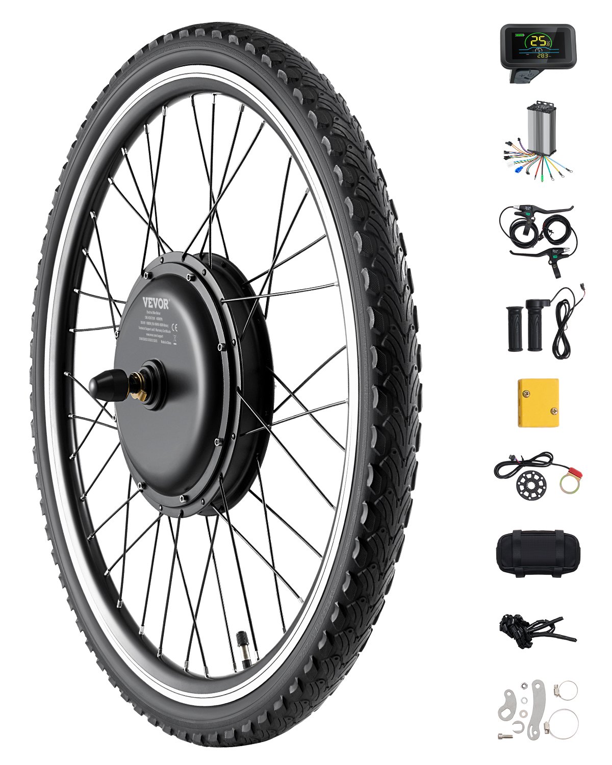 Zestaw do roweru elektrycznego VEVOR 1000 W, 48 V, 420 obr./min, φ650 mm, z silnikiem w piaście przedniego koła, ulepszonym kontrolerem prędkości, manetką gazu, wyświetlaczem LCD i systemem PAS do roweru szosowego