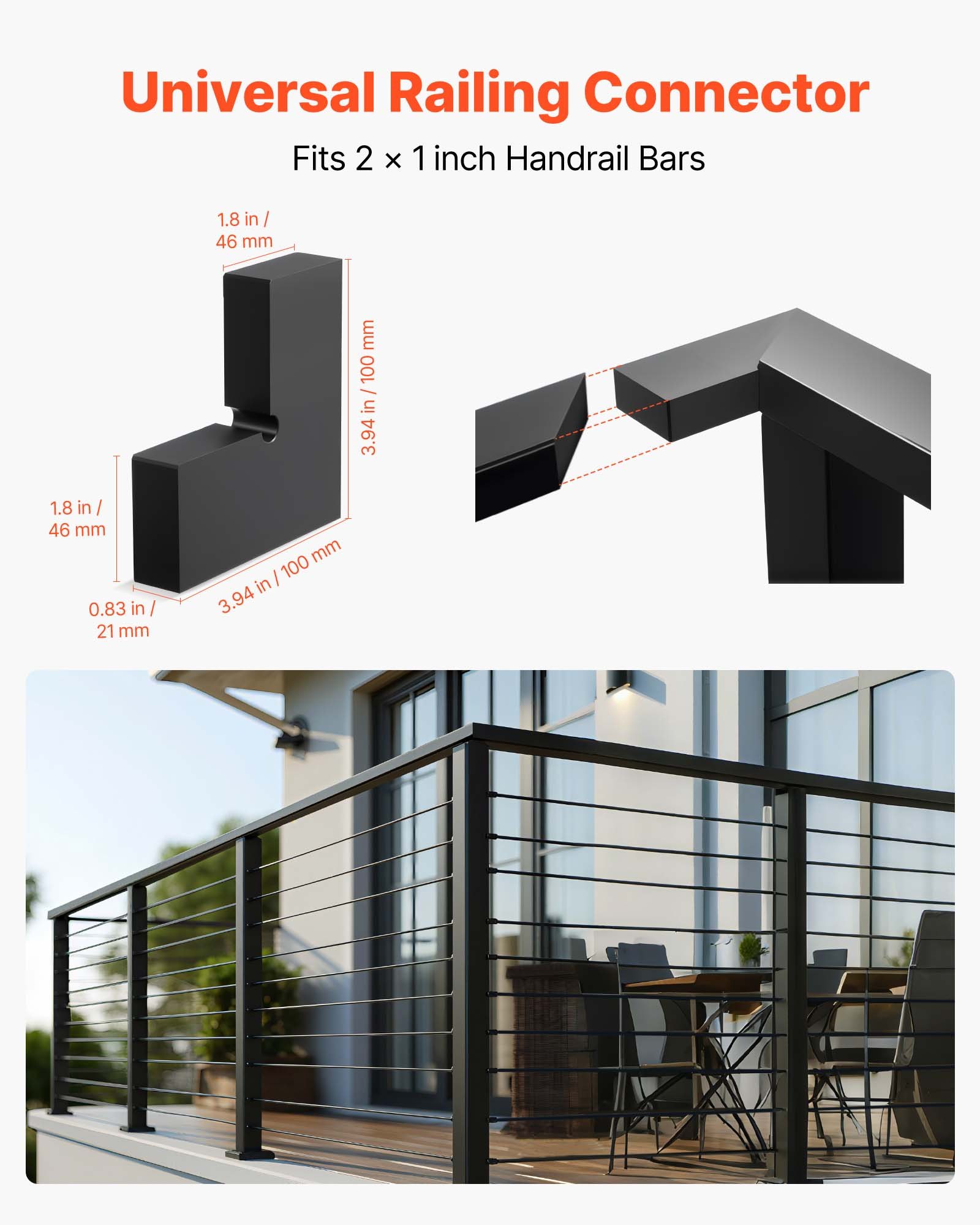 Łączniki narożne poręczy VEVOR (2 szt.), akcesoria do balustrad schodowych, łączniki POM do prostokątnych poręczy kablowych, system szyn kablowych na taras, matowa czerń, HT-05
