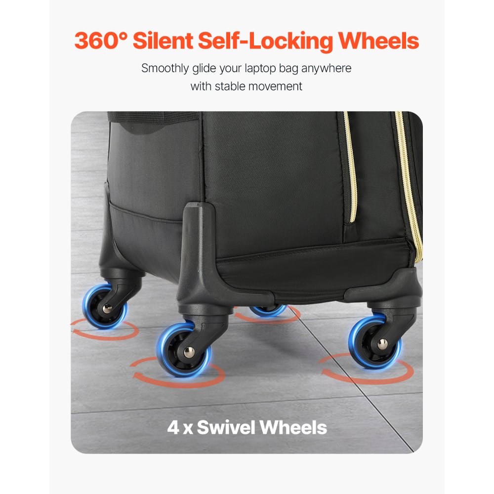 VEVOR Laptop Trolley, suitable for laptops up to 17.3 inches (44 cm), briefcase, notebook bag with 4 spinner wheels & TSA lock, laptop bag for work, travel & business, 45x23x47cm (Black Gold)