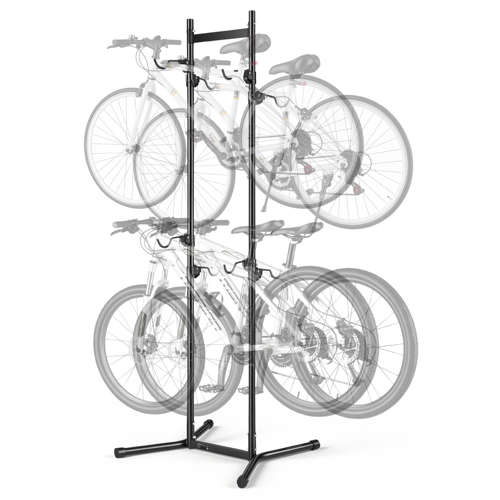 Stojak na rowery VEVOR, pionowy stojak na 4 rowery, czarny, rama ze stali węglowej, regulowane haki, wolnostojący i bez wiercenia, maks. nośność 70 kg, uniwersalny do rowerów górskich i szosowych