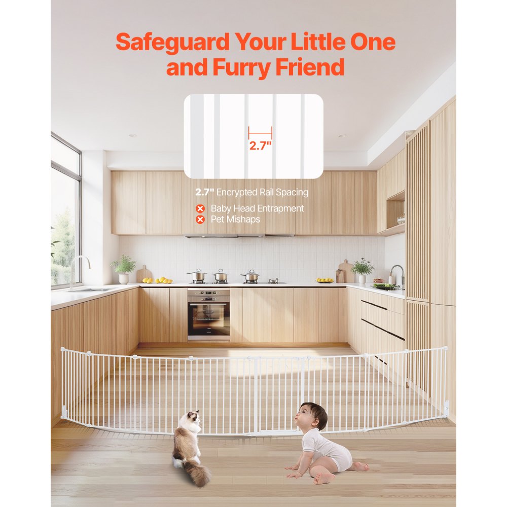 Bramka zabezpieczająca dla psa VEVOR Baby Gate (4877 mm szer. / 711 mm wys.), składana bramka dla psa, 8-częściowa, do montażu między dwiema ścianami lub jako ogrodzenie, otwierana jedną ręką, do schodów i drzwi, biała