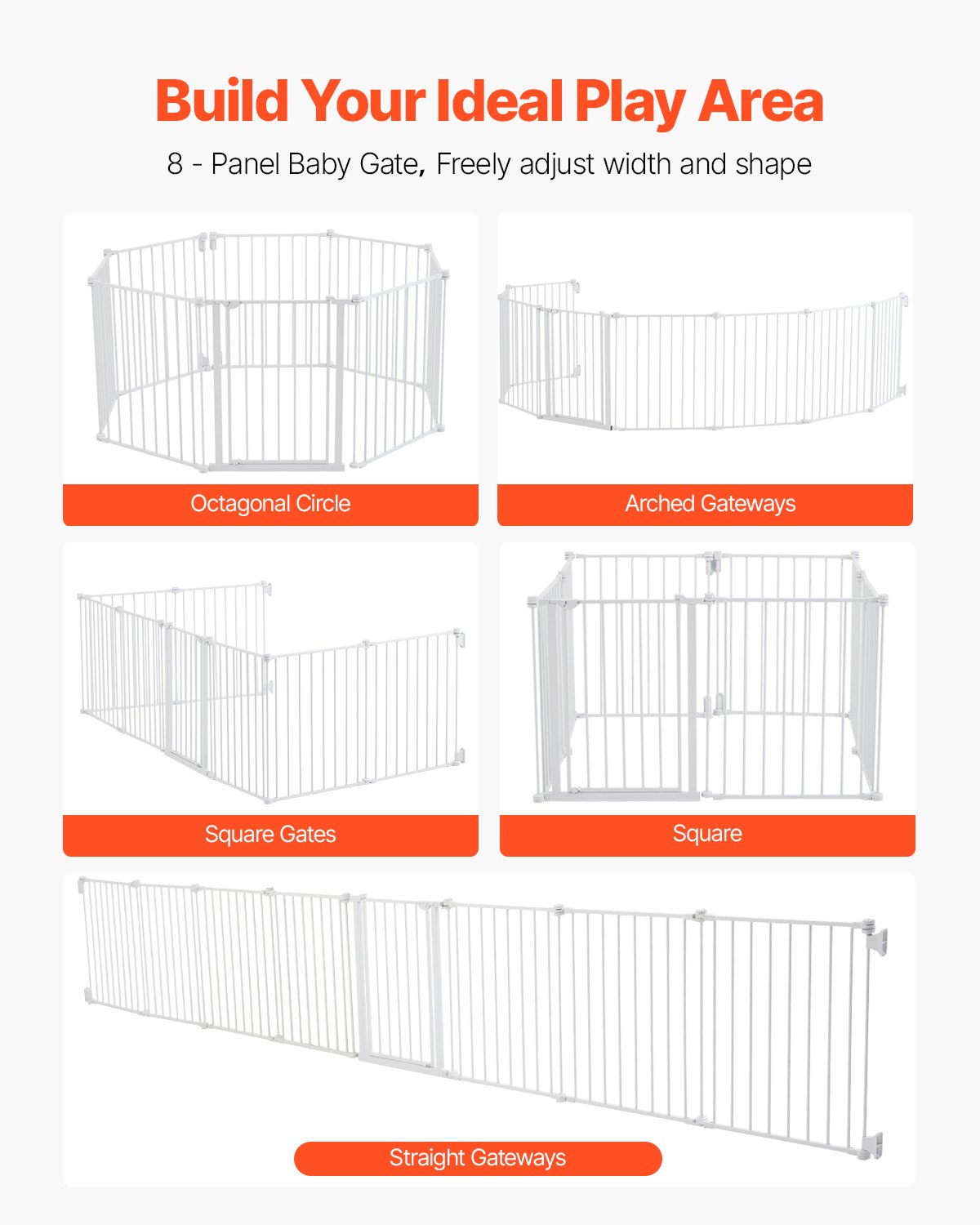 Bramka zabezpieczająca dla psa VEVOR Baby Gate (4877 mm szer. / 711 mm wys.), składana bramka dla psa, 8-częściowa, do montażu między dwiema ścianami lub jako ogrodzenie, otwierana jedną ręką, do schodów i drzwi, biała