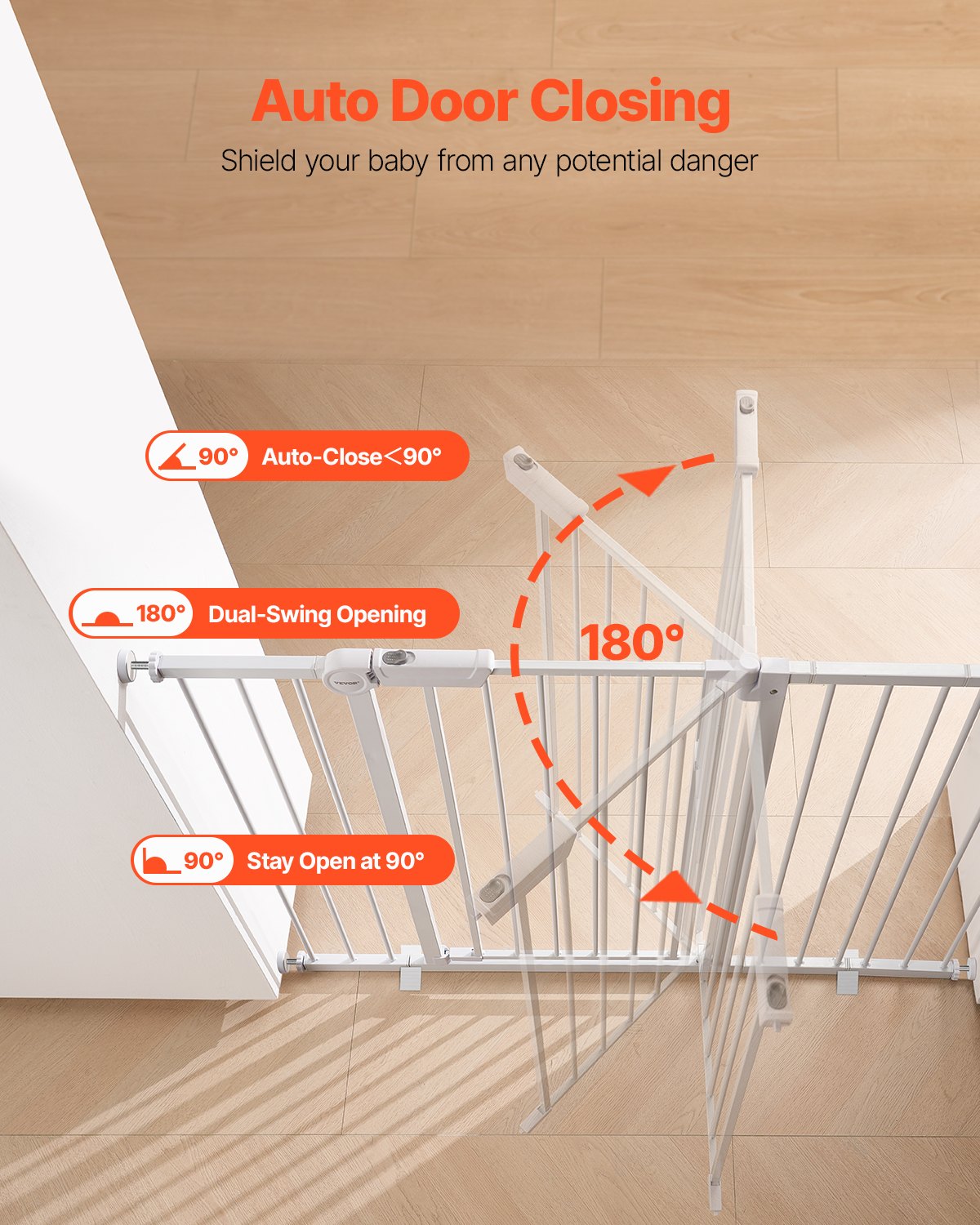 Bramka schodowa VEVOR Baby Gate z regulowaną szerokością (65-121,9 cm), otwierana jedną ręką, do schodów i drzwi, biała