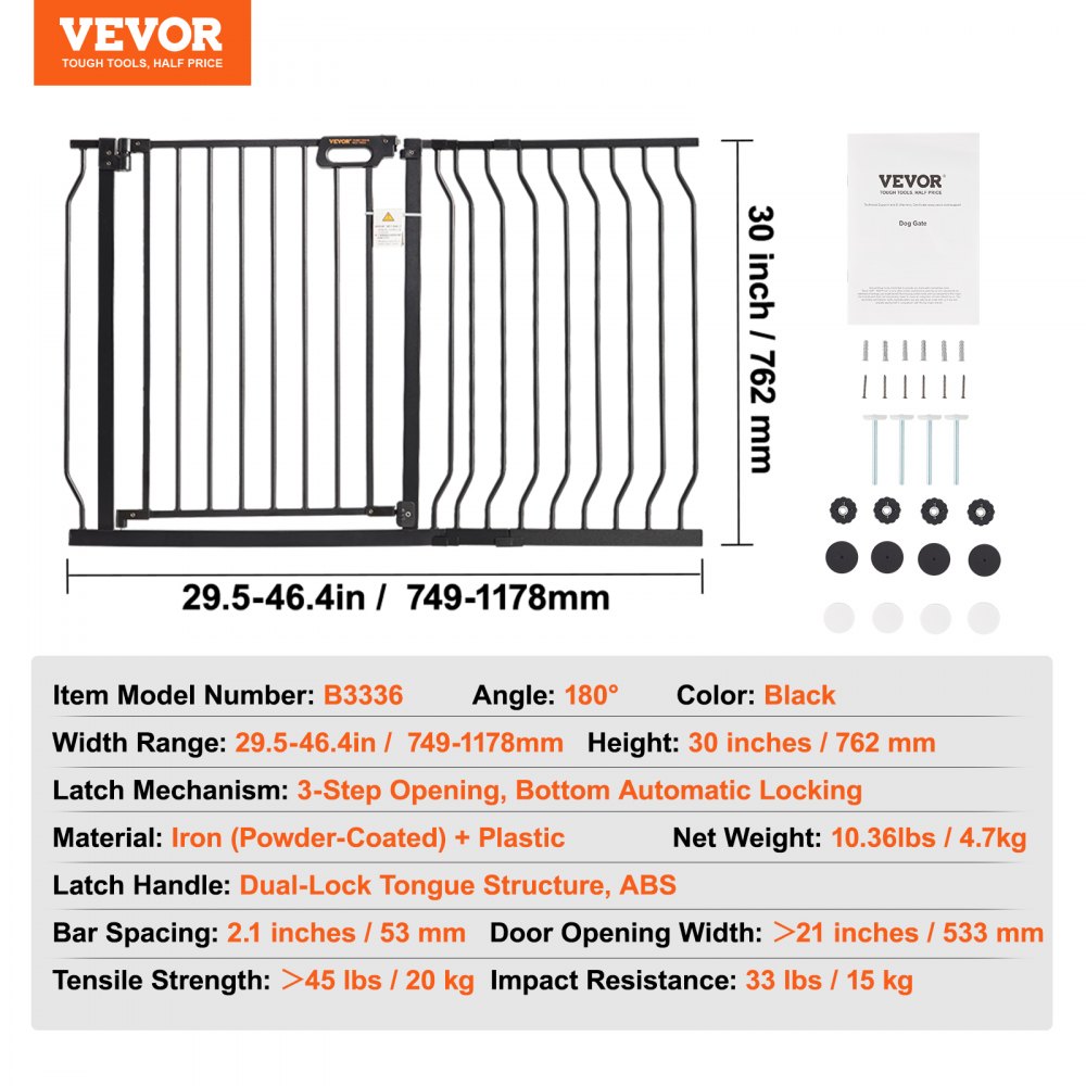 VEVOR Safety Gate, Barrier Gate, Stair Gate, 749-1229mm Width Range, Child Gate, Pet Gate, Stair Safety Gate, Swivels on Both Sides, 762mm Height, Black Baby Gate, No Drilling Required