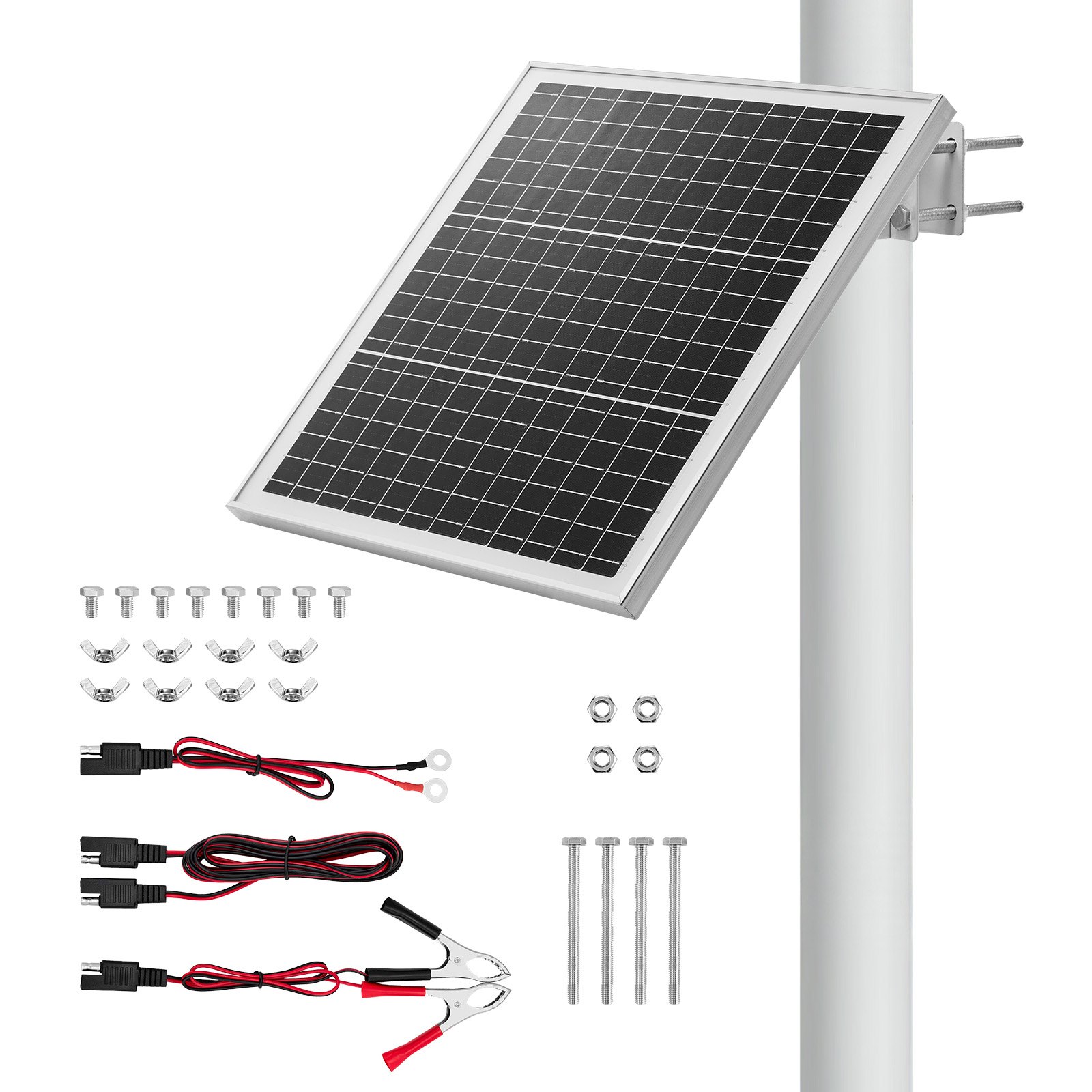 Ładowarka akumulatorów do paneli słonecznych VEVOR 20 W 12 V, zestaw monokrystalicznych paneli słonecznych z kontrolerem zabezpieczającym i regulowanym mocowaniem na maszcie w zakresie 0–60°, ładowarka słoneczna do masztów o średnicy 40–80 mm, moduły słoneczne do użytku na zewnątrz