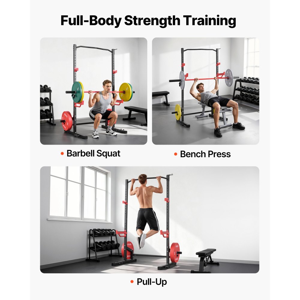 VEVOR Power Cage Squat Rack, udźwig 454 kg, wielofunkcyjny stojak do ćwiczeń siłowych w domu z 4 uchwytami na taśmę, regulowanym hakiem typu J i drążkami zabezpieczającymi do podciągania na sztandze