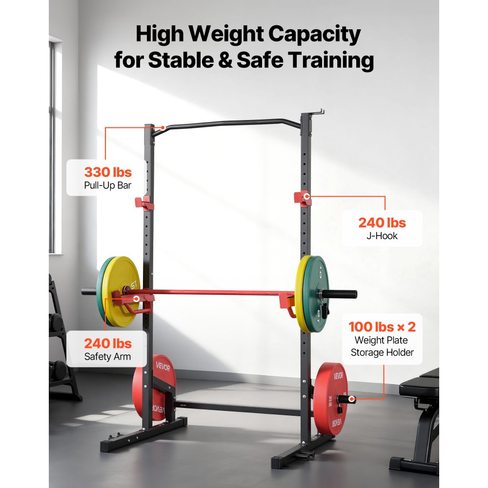VEVOR Power Cage Squat Rack, udźwig 454 kg, wielofunkcyjny stojak do ćwiczeń siłowych w domu z 4 uchwytami na taśmę, regulowanym hakiem typu J i drążkami zabezpieczającymi do podciągania na sztandze