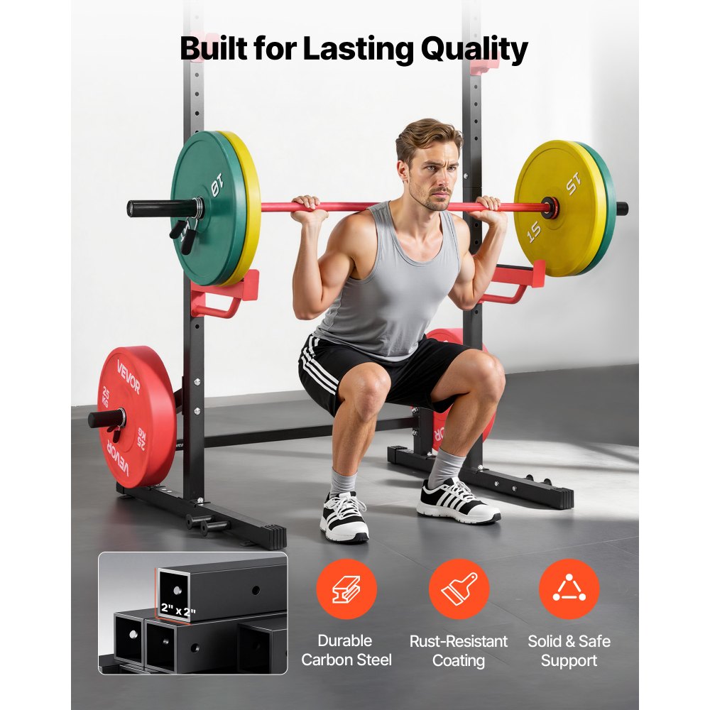 VEVOR Power Cage Squat Rack, udźwig 454 kg, wielofunkcyjny stojak do ćwiczeń siłowych w domu z 4 uchwytami na taśmę, regulowanym hakiem typu J i drążkami zabezpieczającymi do podciągania na sztandze