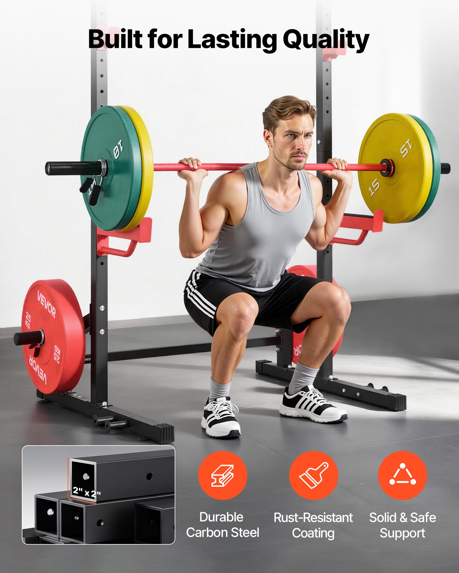 VEVOR Power Cage Squat Rack, udźwig 454 kg, wielofunkcyjny stojak do ćwiczeń siłowych w domu z 4 uchwytami na taśmę, regulowanym hakiem typu J i drążkami zabezpieczającymi do podciągania na sztandze