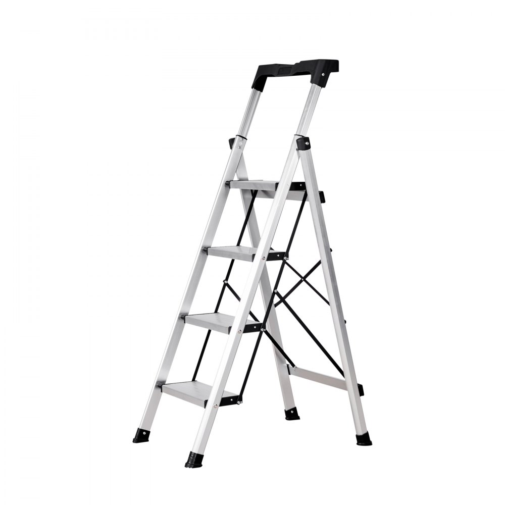 VEVOR 4-stopniowa składana drabina z antypoślizgowymi stopniami i wygodną rączką, drabina domowa o udźwigu 150 kg, aluminiowa drabina bezpieczeństwa do kuchni, domu, magazynu i biura, srebrna