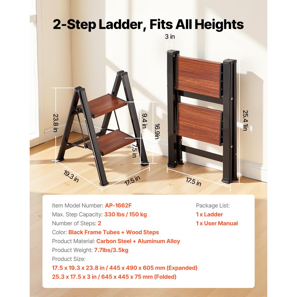 VEVOR 2 Step Ladder, Folding Step Stool with Wide Anti-Slip Pedal and Comfort Handgrip, Lightweight 150 kg Capacity Portable Aluminum Plant Support, Multi-Use for Adults, Home Repairing, Cleaning